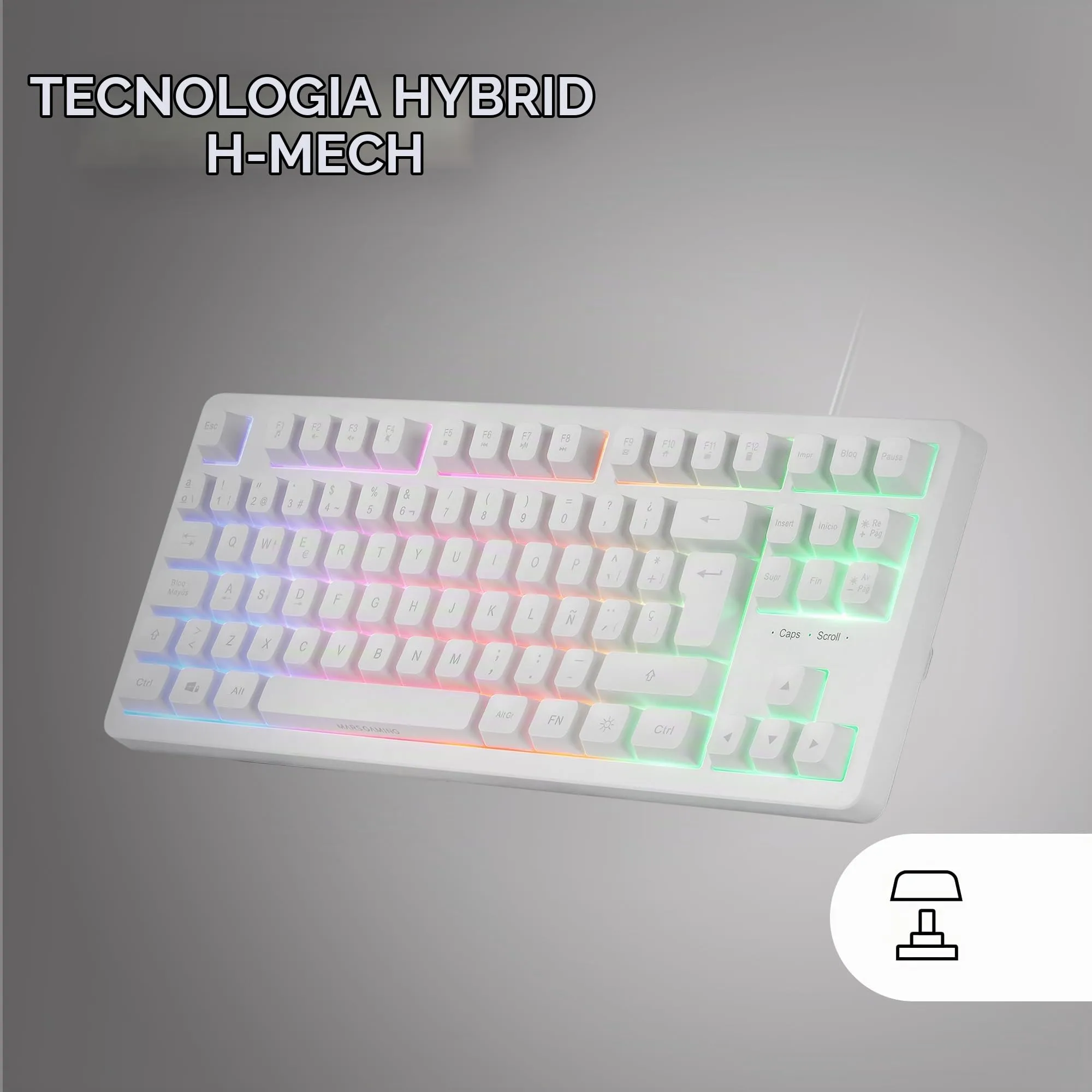 Mars Gaming MK023, Tastiera Gaming TKL, Tecnologia Ibrida H-Mech, Illuminazione FRGB Rainbow, Anti-ghosting, Compatibilità Universale, Bianco, Lingua Portoghese - immagine 3