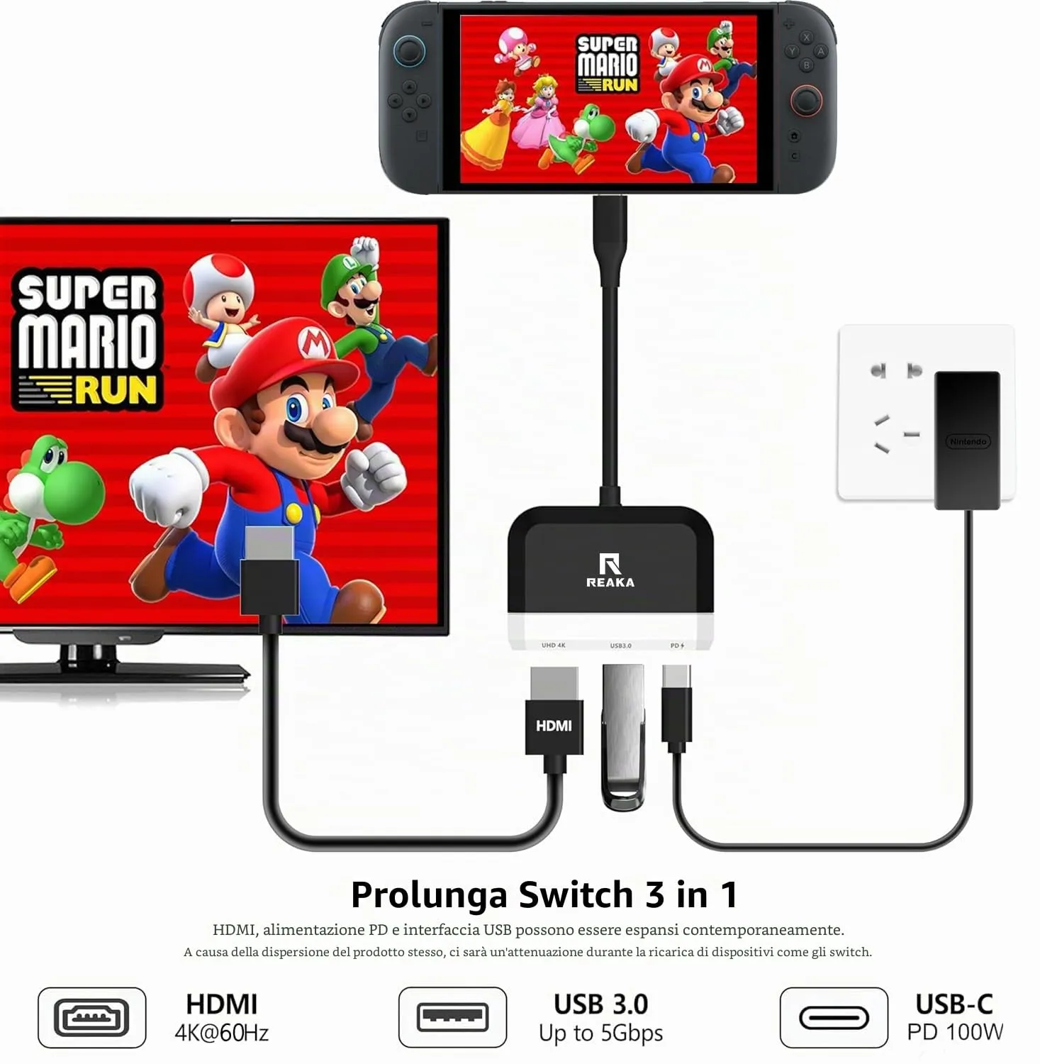 RREAKA Switch Dock per Nintendo OLED, 3 in 1 Adattatore TV con HDMI 4K, porta USB 3.0, carica Type C 100W, portatile Docking Station Viaggio - immagine 4