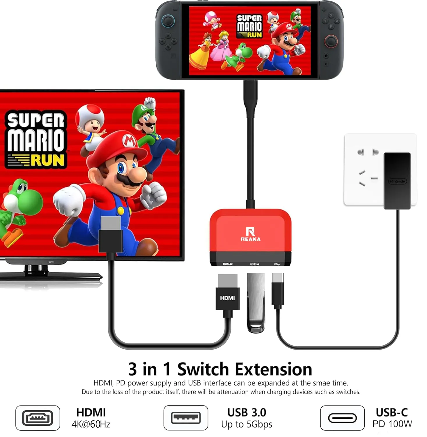 RREAKA Switch Dock per Nintendo Switch OLED, adattatore TV 3 in 1 con HDMI 4K, porta USB 3.0, ricarica tipo C 100W, docking station portatile da viaggio, per Samsung Dex S24, MacBook - immagine 4