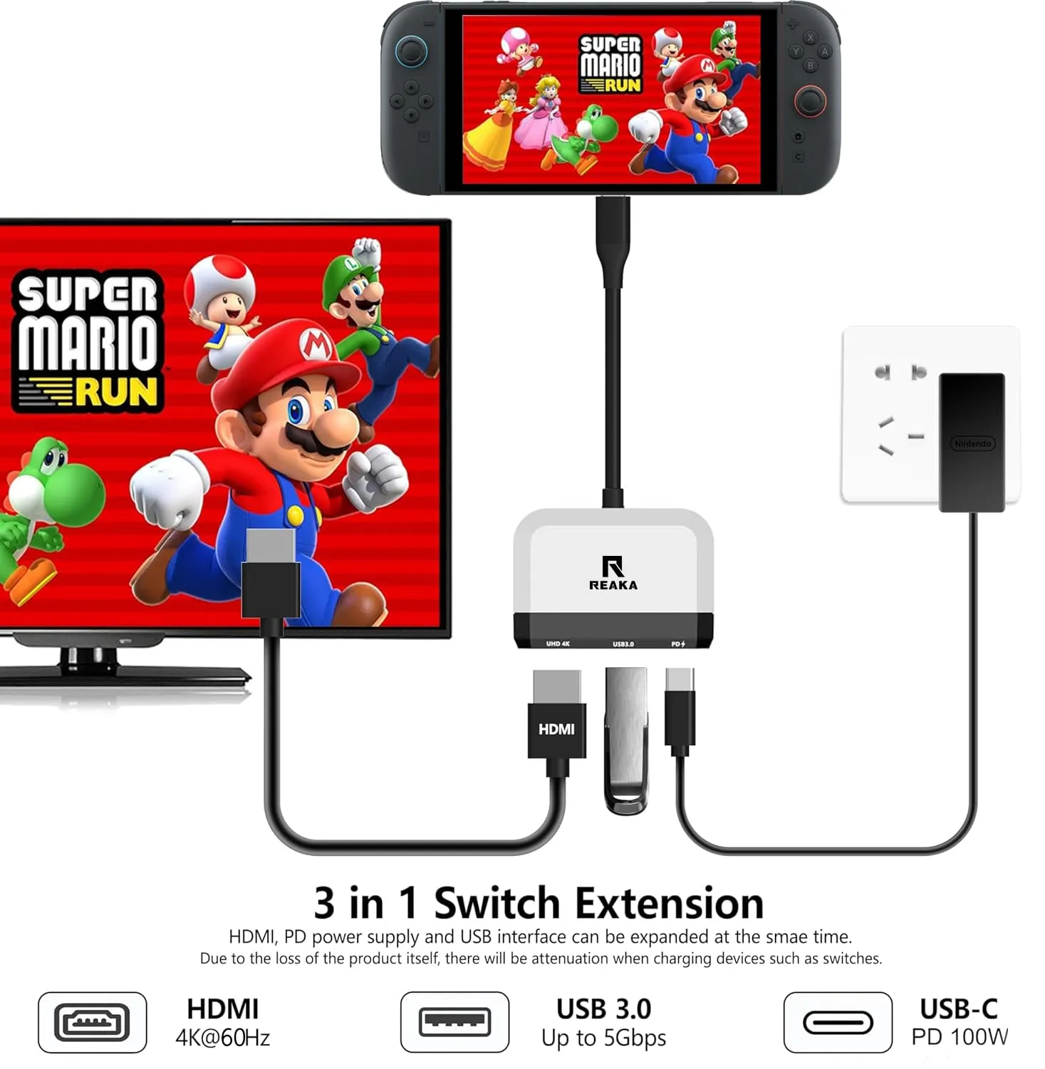 RREAKA Switch Dock per Nintendo OLED, 3 in 1 Adapter TV con HDMI 4K, porta USB 3.0, carica Type C 100W, portatile docking station viaggio - immagine 2