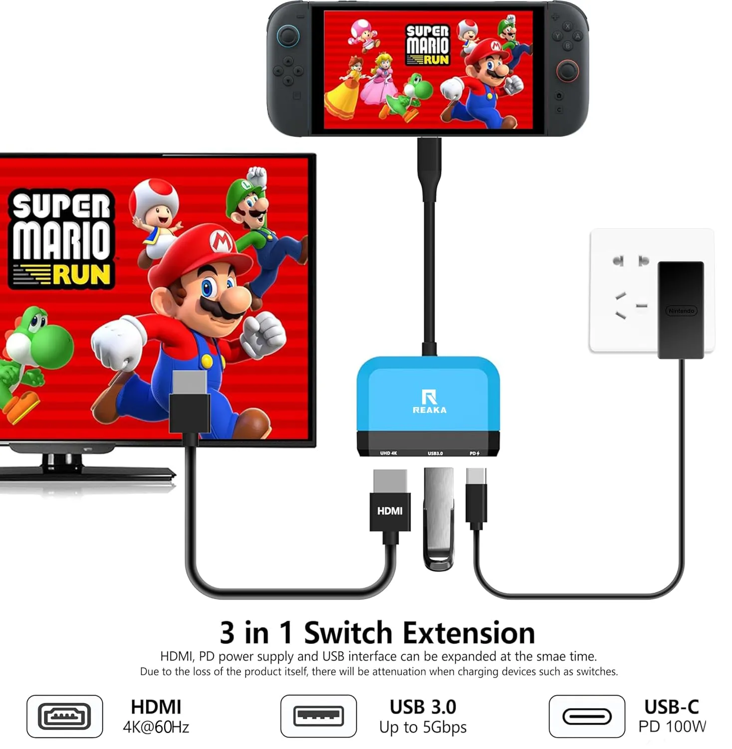 RREAKA Switch Dock per Nintendo OLED, 3 in 1 Adapter TV con HDMI 4K, porta USB 3.0, carica Type C 100W, portatile Docking Station Viaggio - immagine 3