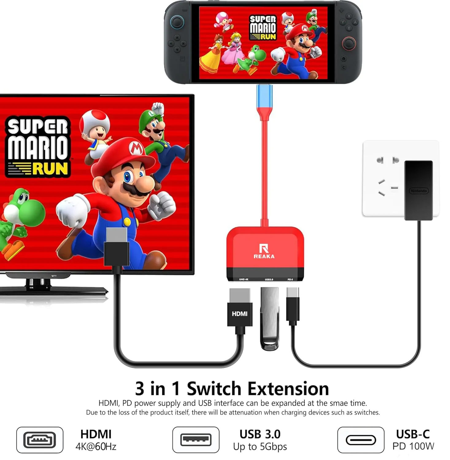 RREAKA Switch Dock per Nintendo Switch OLED, adattatore TV 3 in 1 con HDMI 4K, porta USB 3.0, ricarica tipo C 100W, docking station portatile da viaggio, per Samsung Dex S24, MacBook - immagine 2
