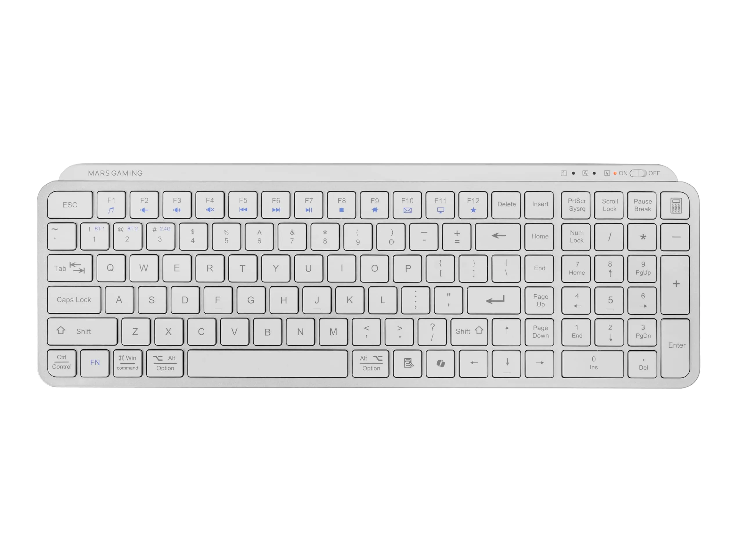 Mars Gaming MK-SILENKEYS, Spagnolo, Tastiera Wireless Full-Format Compatta, Profilo Basso, Switch a Forbice Silenziosi, Tasto Copilot AI, Bluetooth 5.1 Dual 2.4GPRO, Batteria 200h, PC, Mac, Bianco - immagine 1