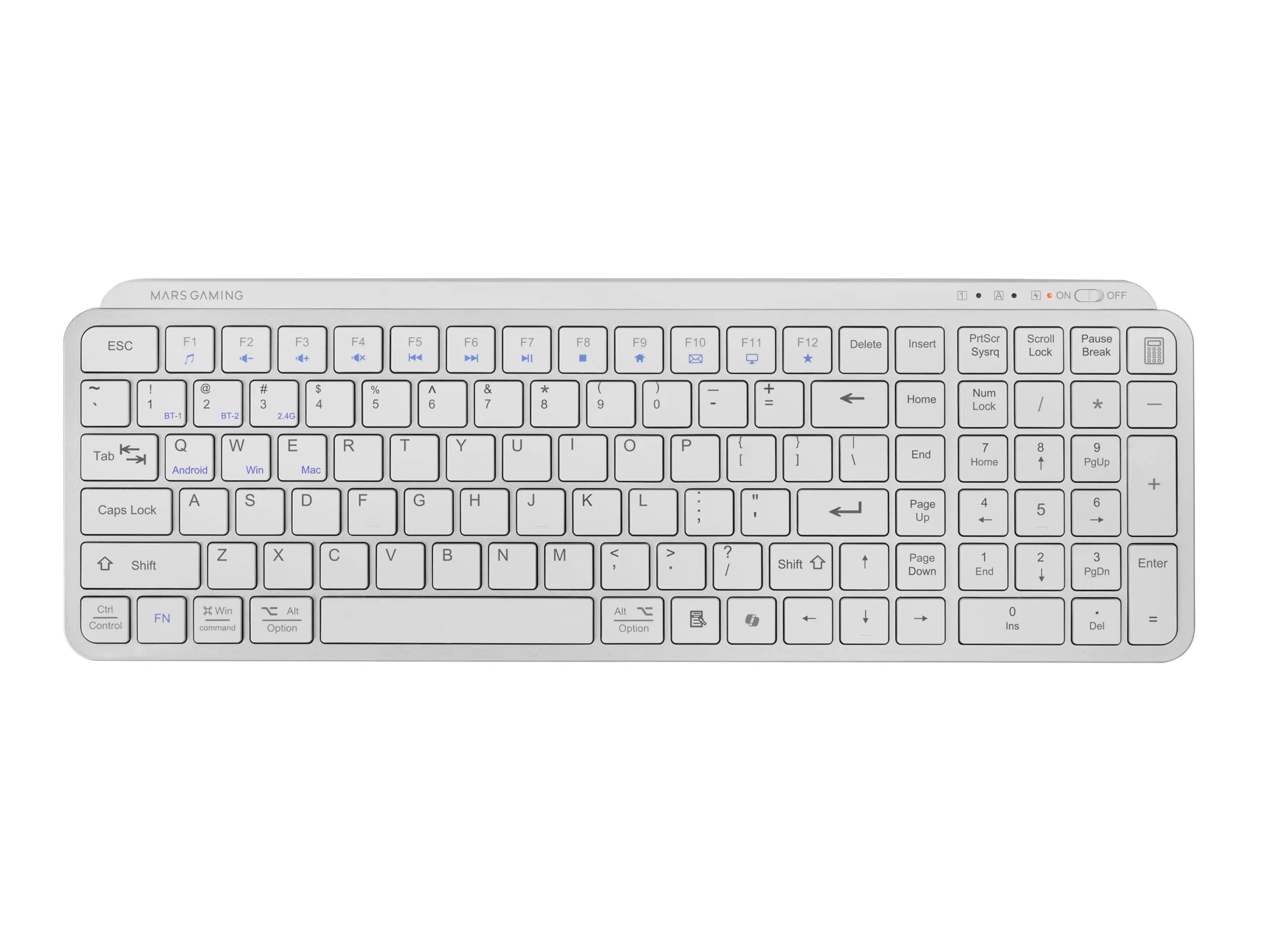 Mars Gaming MK-SILENKEYS, Inglese US, Tastiera Wireless Full-Format Compatta, Profilo Basso, Switch a Forbice Silenziosi, Tasto Copilot AI, Bluetooth 5.1 Dual 2.4GPRO, Batteria 200h, PC, Mac, Bianco - immagine 1