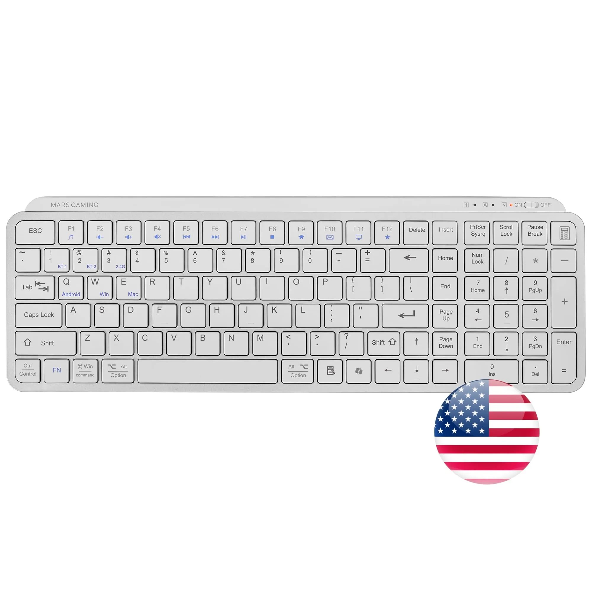 Mars Gaming MK-SILENKEYS, Inglese US, Tastiera Wireless Full-Format Compatta, Profilo Basso, Switch a Forbice Silenziosi, Tasto Copilot AI, Bluetooth 5.1 Dual 2.4GPRO, Batteria 200h, PC, Mac, Bianco - immagine 2