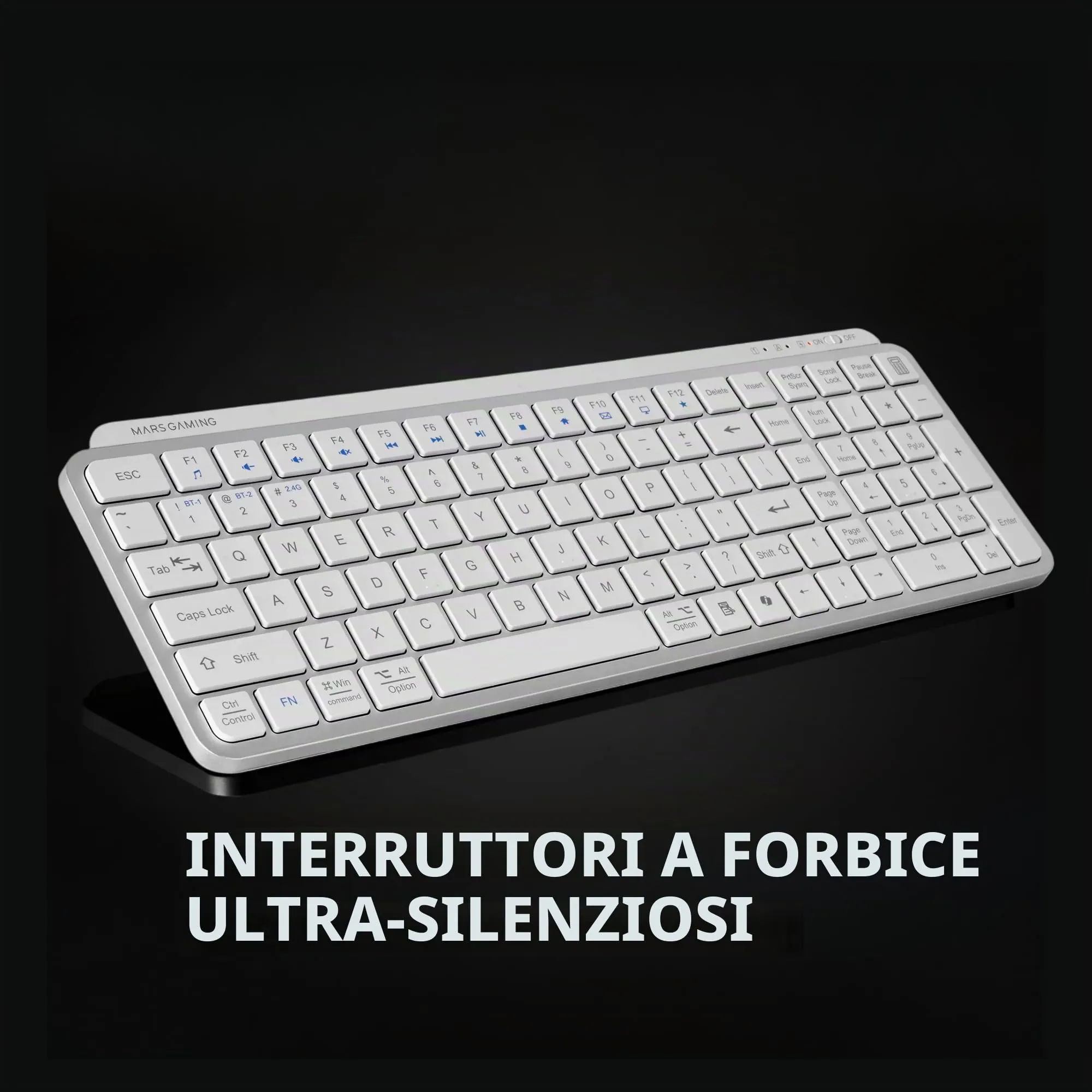 Mars Gaming MK-SILENKEYS, Inglese US, Tastiera Wireless Full-Format Compatta, Profilo Basso, Switch a Forbice Silenziosi, Tasto Copilot AI, Bluetooth 5.1 Dual 2.4GPRO, Batteria 200h, PC, Mac, Bianco - immagine 3