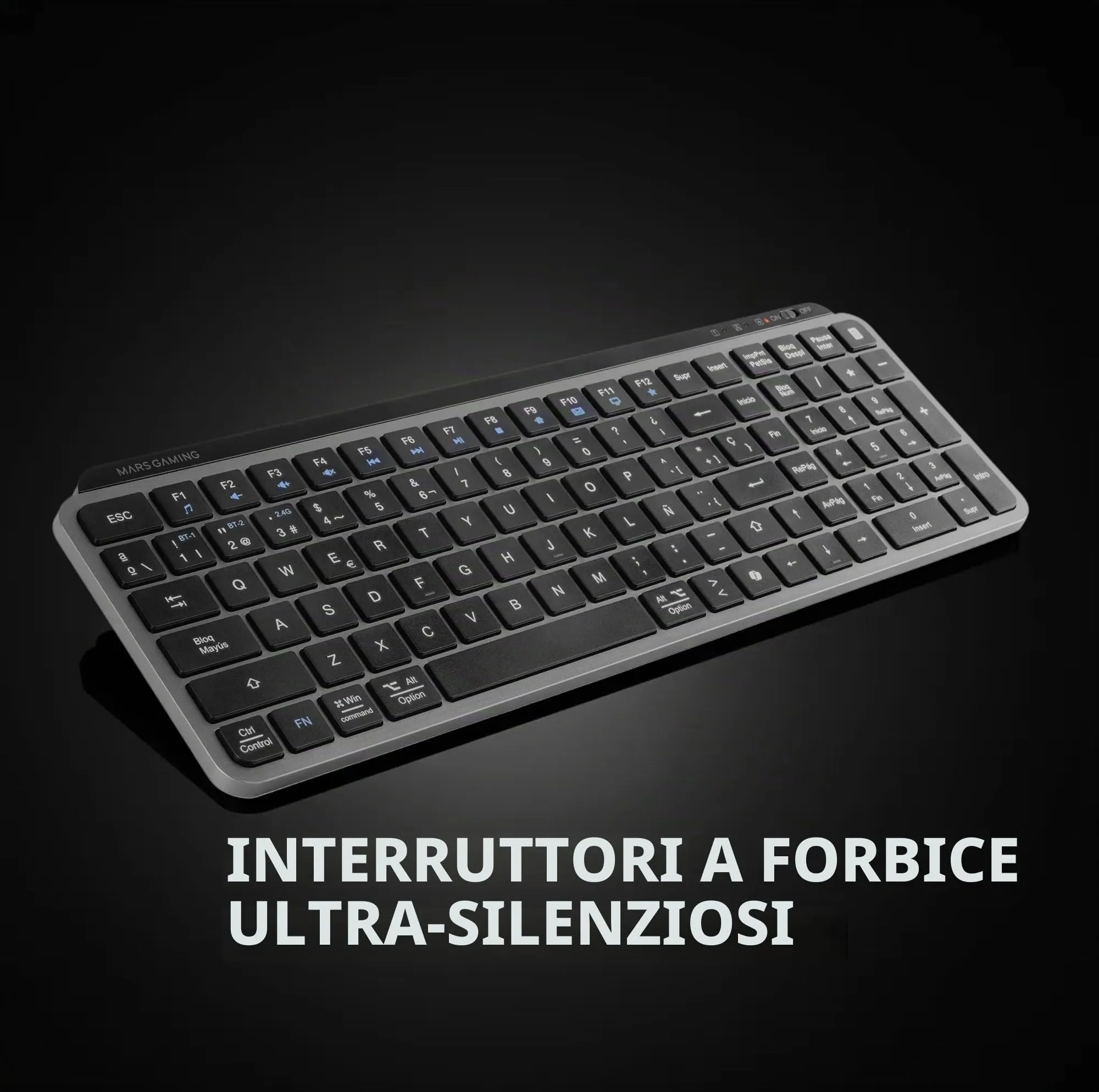 Mars Gaming MK-SILENKEYS, Spagnolo, Tastiera Wireless Full-Format Compatta, Profilo Basso, Switch a Forbice Silenziosi, Tasto Copilot AI, Bluetooth 5.1 Dual 2.4GPRO, Batteria 200h, PC, Mac, Nero - immagine 2