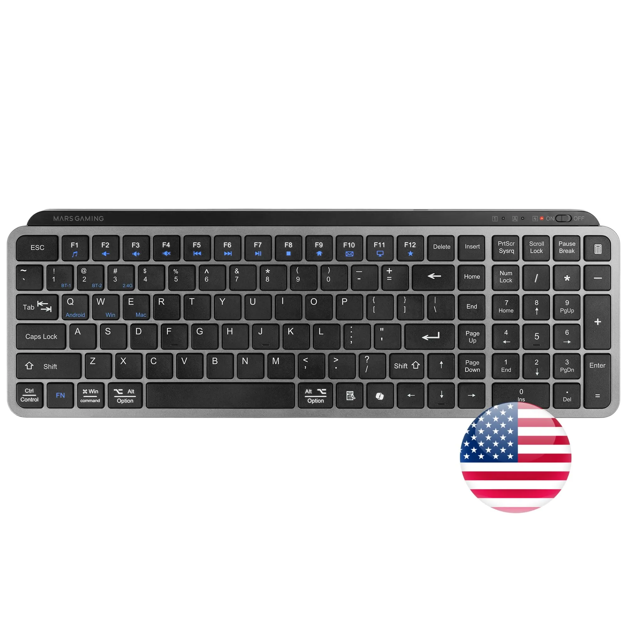 Mars Gaming MK-SILENKEYS, Inglese US, Tastiera Wireless Full-Format Compatta, Profilo Basso, Switch a Forbice Silenziosi, Tasto Copilot AI, Bluetooth 5.1 Dual 2.4GPRO, Batteria 200h, PC, Mac, Nero - immagine 2