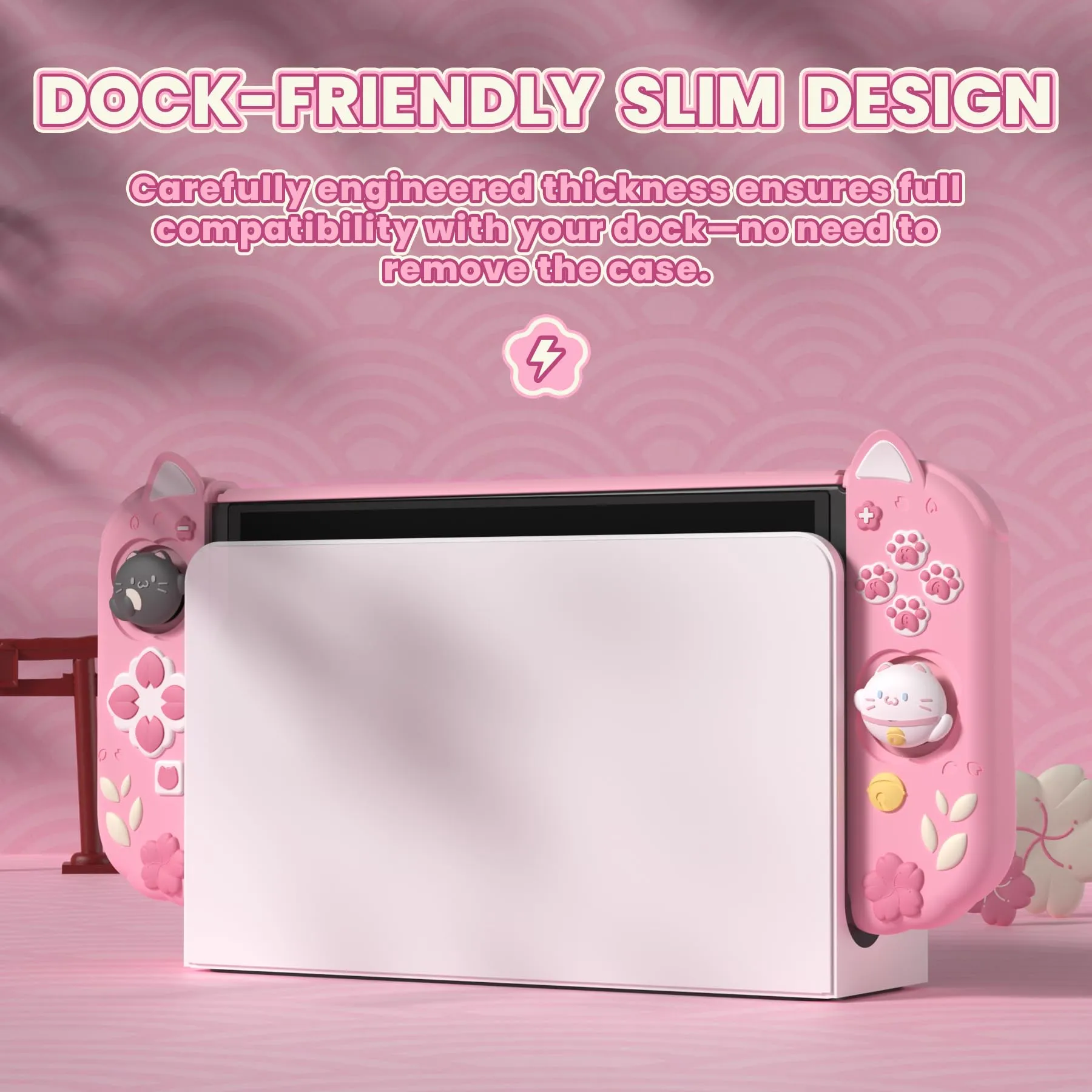 playvital Cover Dockable per Nintendo Switch OLED, Gattino di Fiori-Rosa - immagine 3