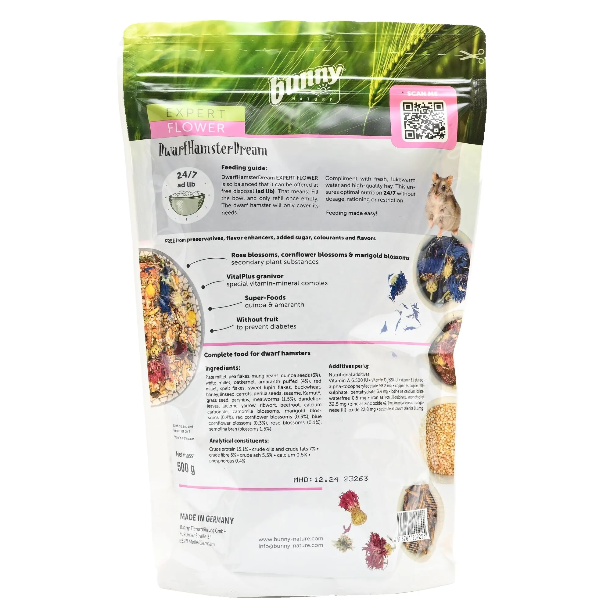 Bunny Nature Dwarfhamster Dream Expert Flower – Piatto naturale superfood con miscela di fiori, cereali, verdure e vermi – Nutrizione equilibrata - immagine 3