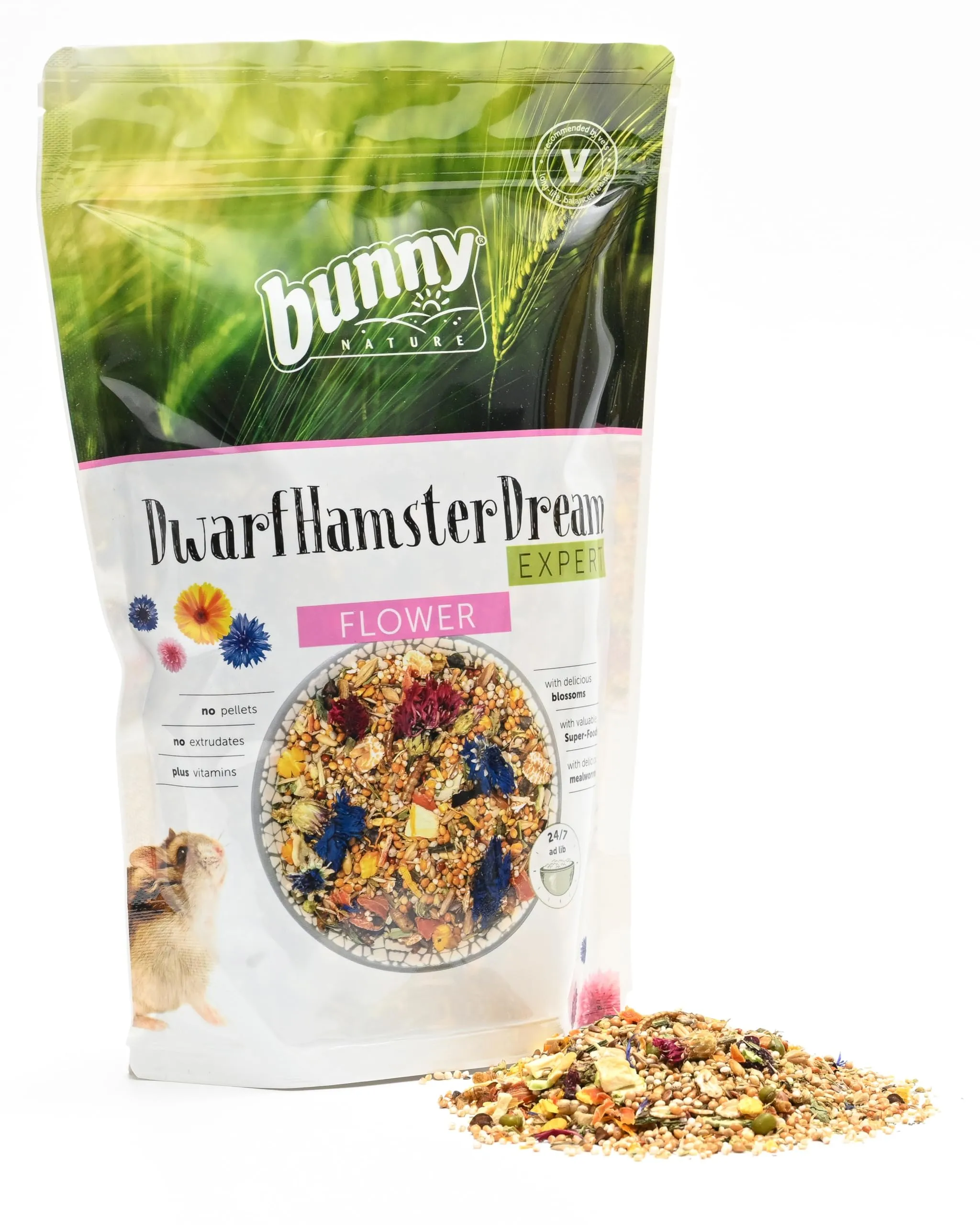 Bunny Nature Dwarfhamster Dream Expert Flower – Piatto naturale superfood con miscela di fiori, cereali, verdure e vermi – Nutrizione equilibrata - immagine 4