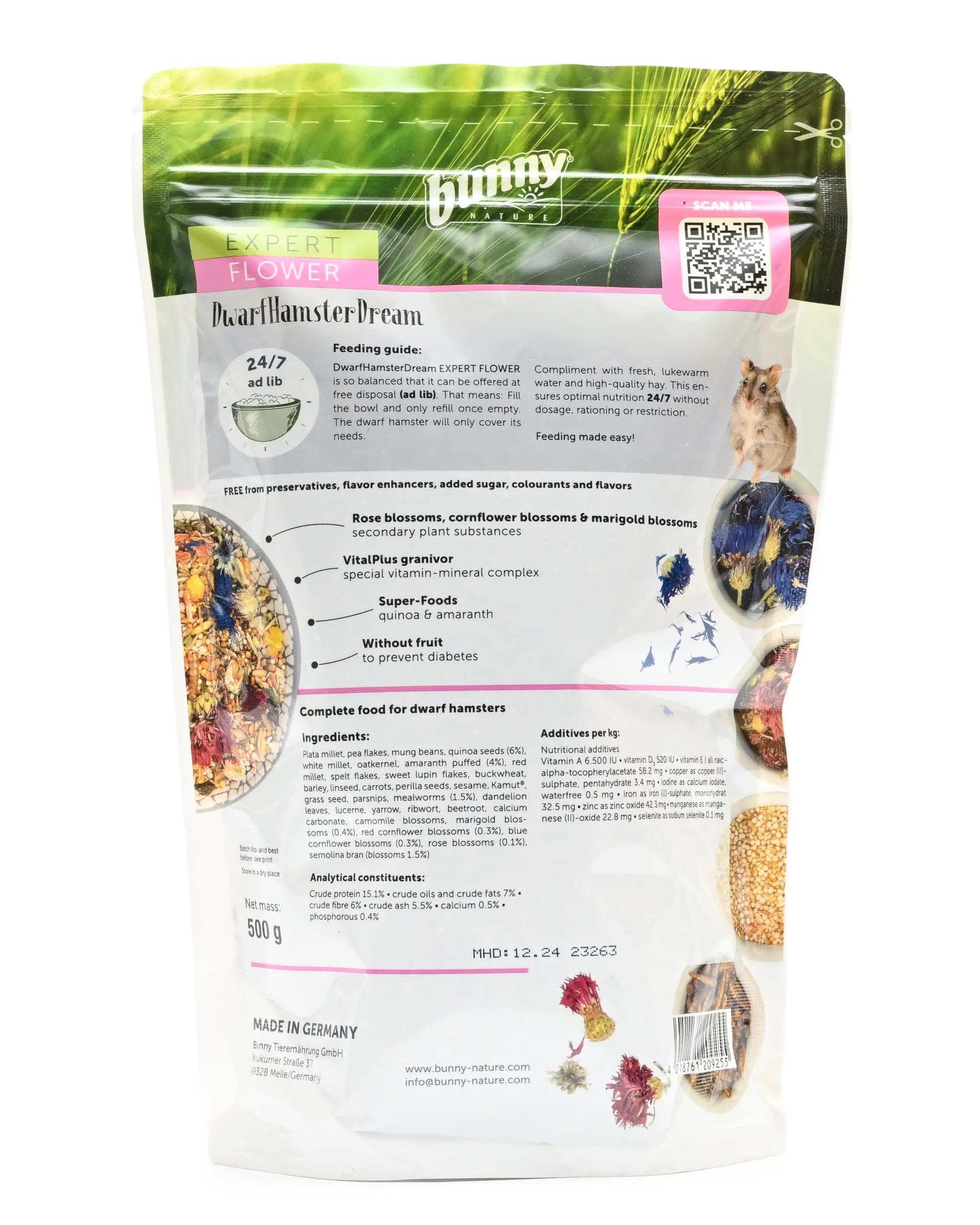 Bunny Nature Dwarfhamster Dream Expert Flower – Piatto naturale superfood con miscela di fiori, cereali, verdure e vermi – Nutrizione equilibrata - immagine 5