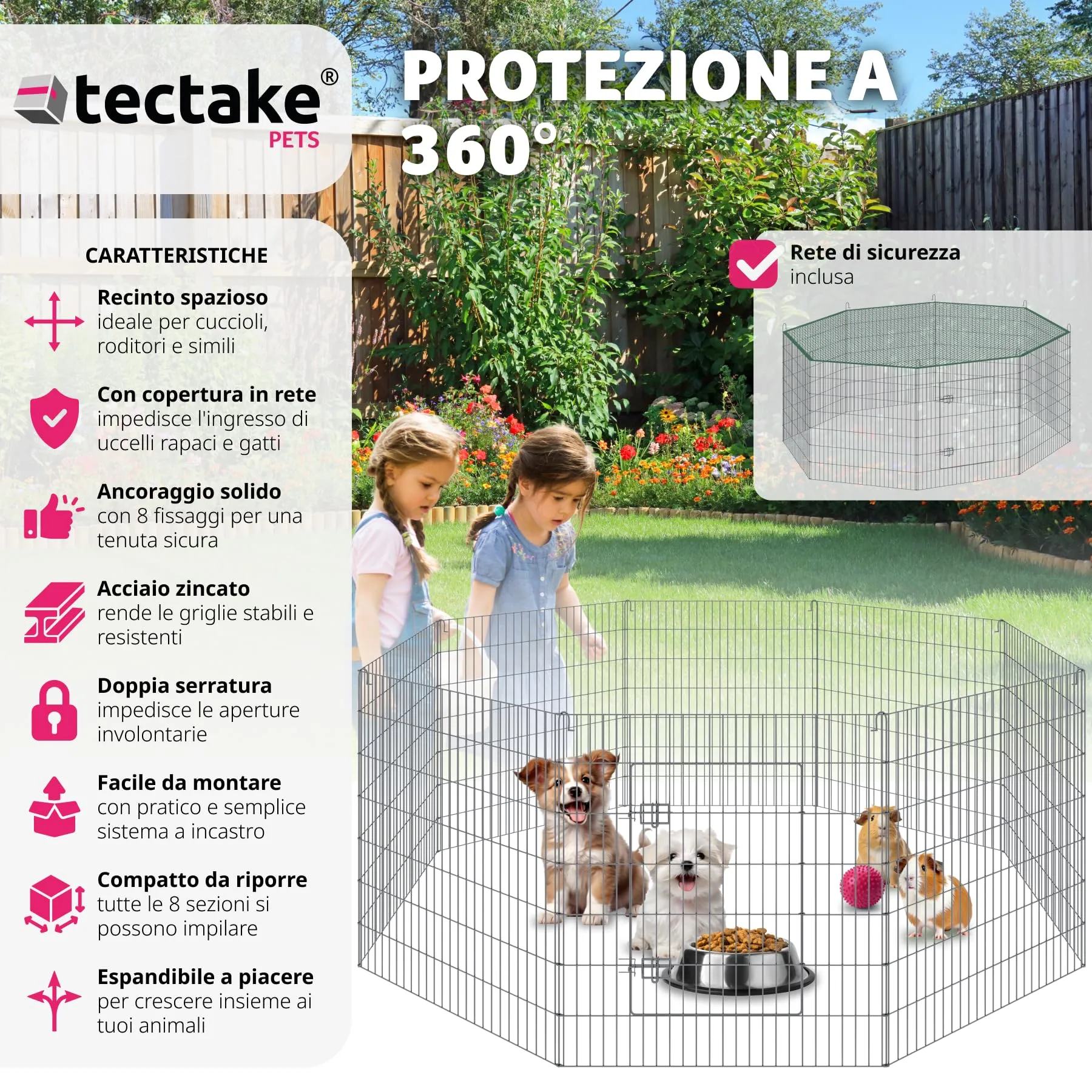 tectake® Box Animali Domestici con Rete di Sicurezza, Recinto per Piccoli Animali in Acciaio con Sistema ad Incastro, Box Doppia Chiusura, Recinto da Interno e Esterno - Ø 204 cm, Grigio - immagine 2
