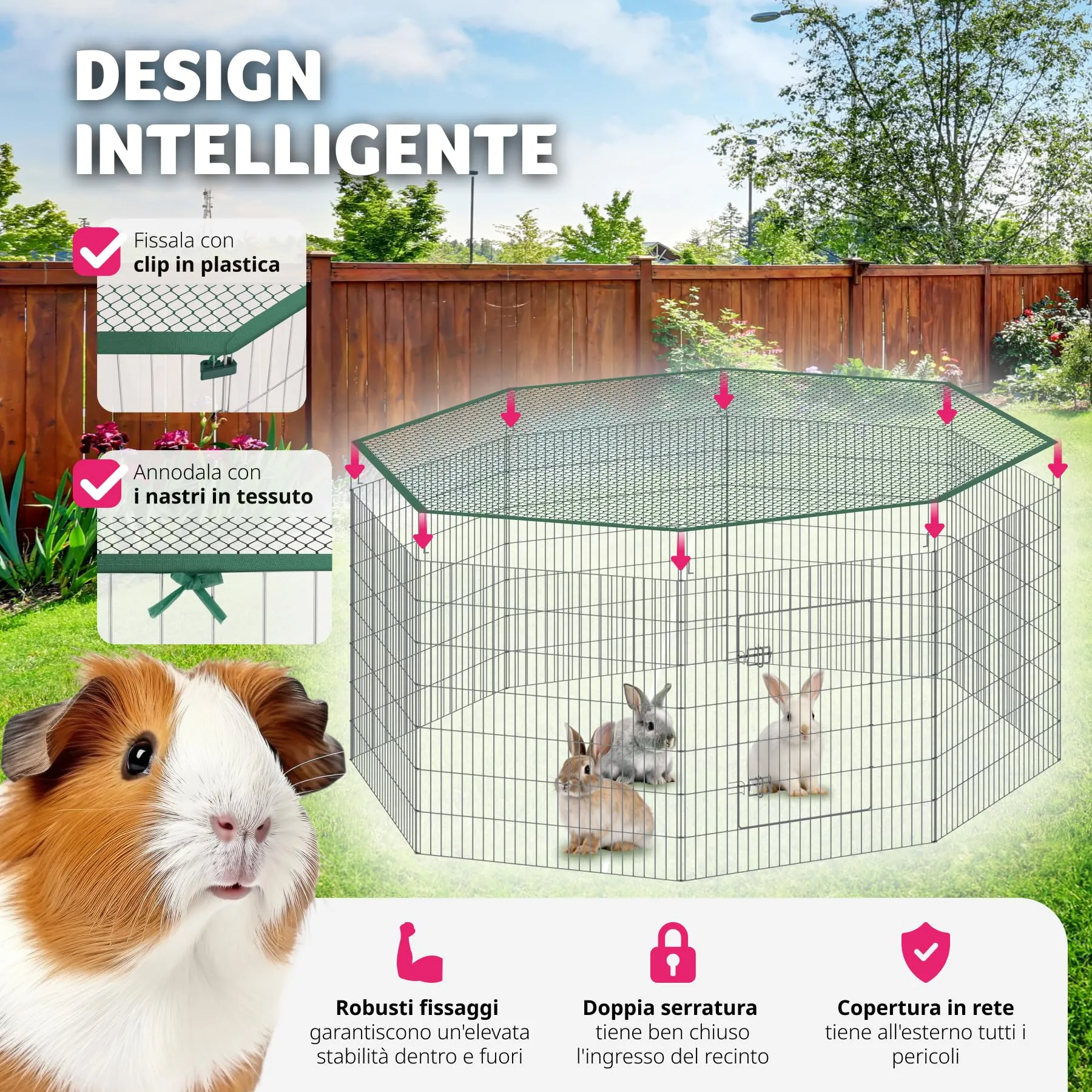 tectake® Box Animali Domestici con Rete di Sicurezza, Recinto per Piccoli Animali in Acciaio con Sistema ad Incastro, Box Doppia Chiusura, Recinto da Interno e Esterno - Ø 204 cm, Grigio - immagine 3