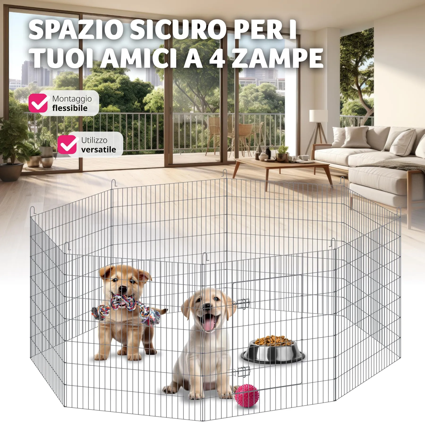 tectake® Box Animali Domestici con Rete di Sicurezza, Recinto per Piccoli Animali in Acciaio con Sistema ad Incastro, Box Doppia Chiusura, Recinto da Interno e Esterno - Ø 204 cm, Grigio - immagine 4