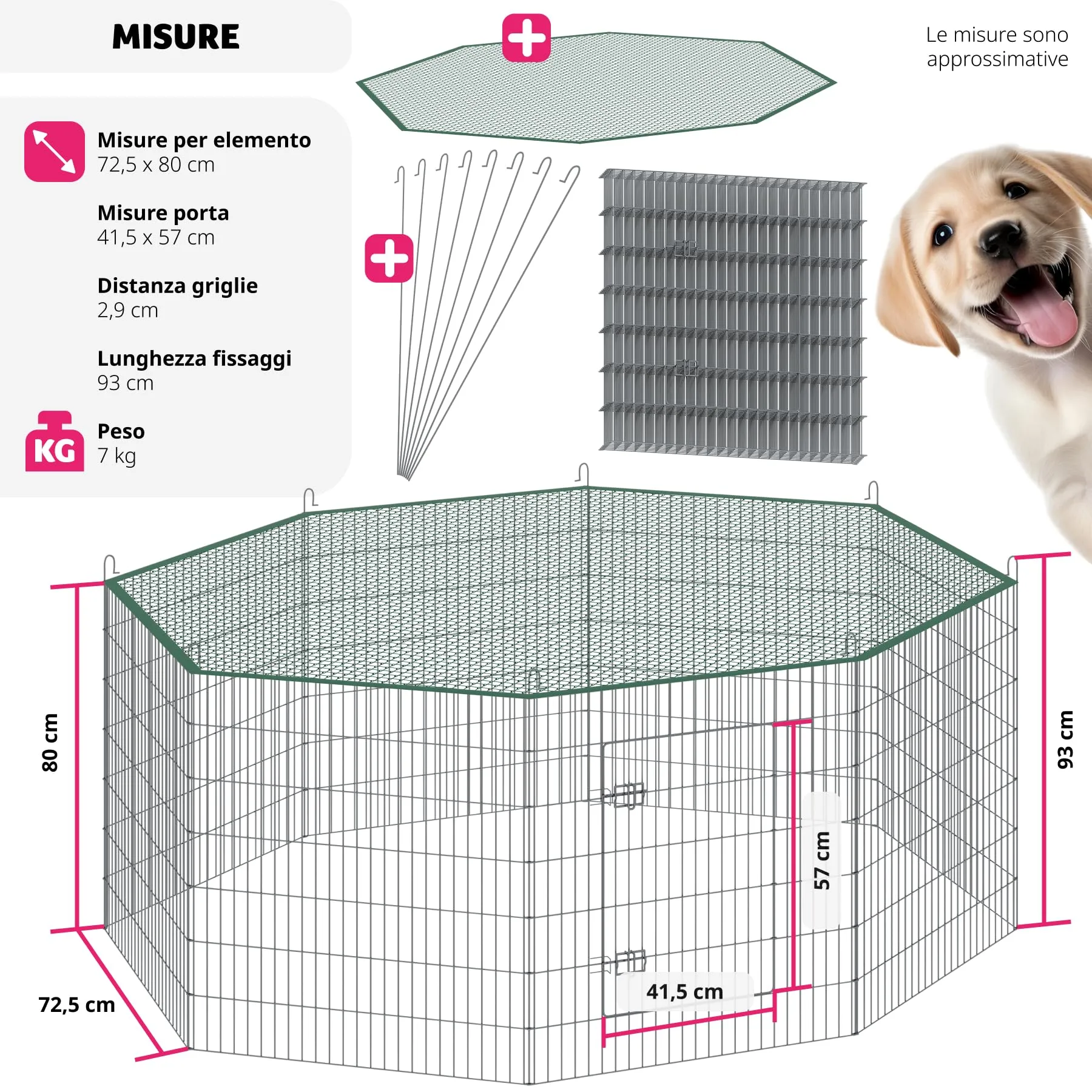 tectake® Box Animali Domestici con Rete di Sicurezza, Recinto per Piccoli Animali in Acciaio con Sistema ad Incastro, Box Doppia Chiusura, Recinto da Interno e Esterno - Ø 204 cm, Grigio - immagine 6
