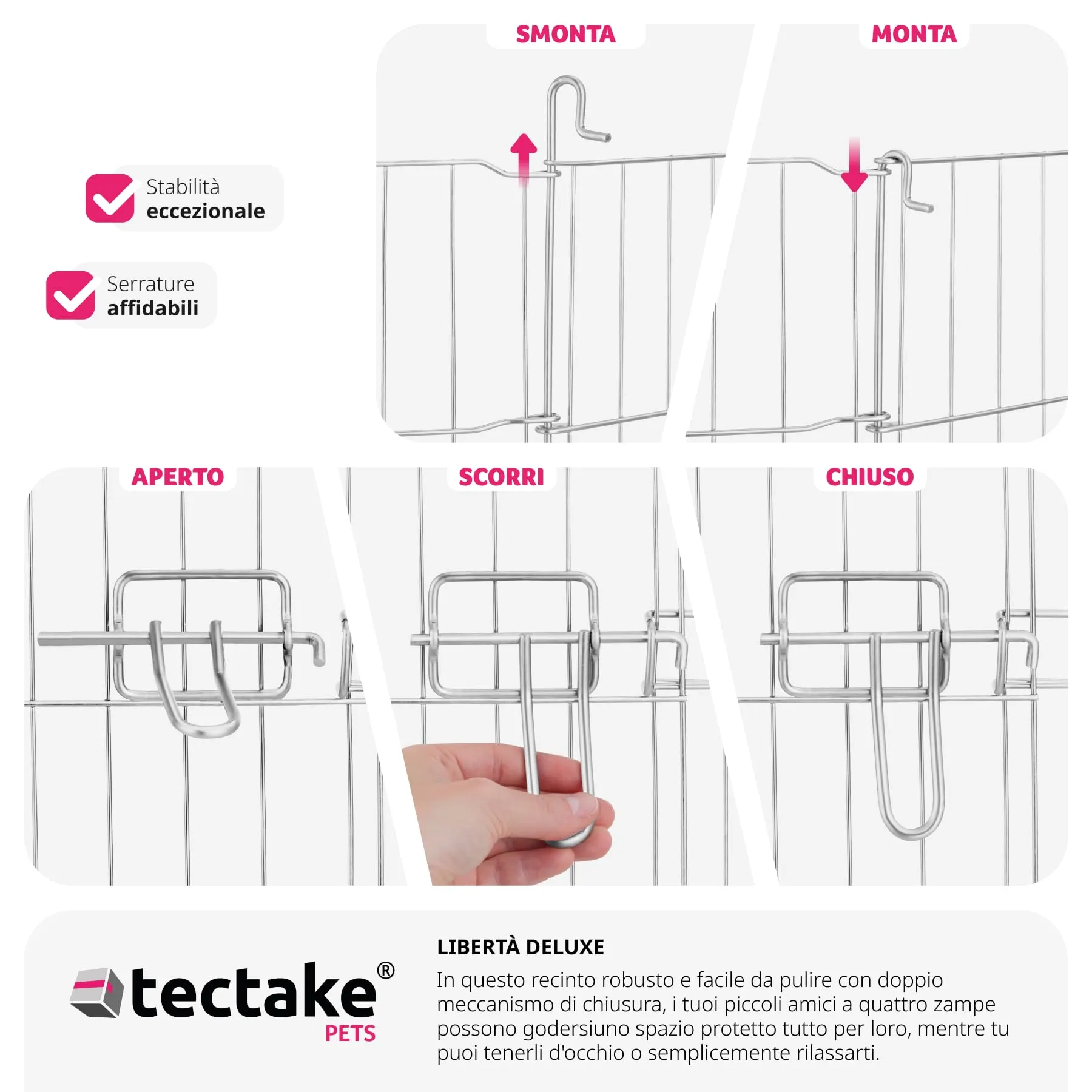 tectake® Box Animali Domestici con Rete di Sicurezza, Recinto per Piccoli Animali in Acciaio con Sistema ad Incastro, Box Doppia Chiusura, Recinto da Interno e Esterno - Ø 204 cm, Grigio - immagine 7