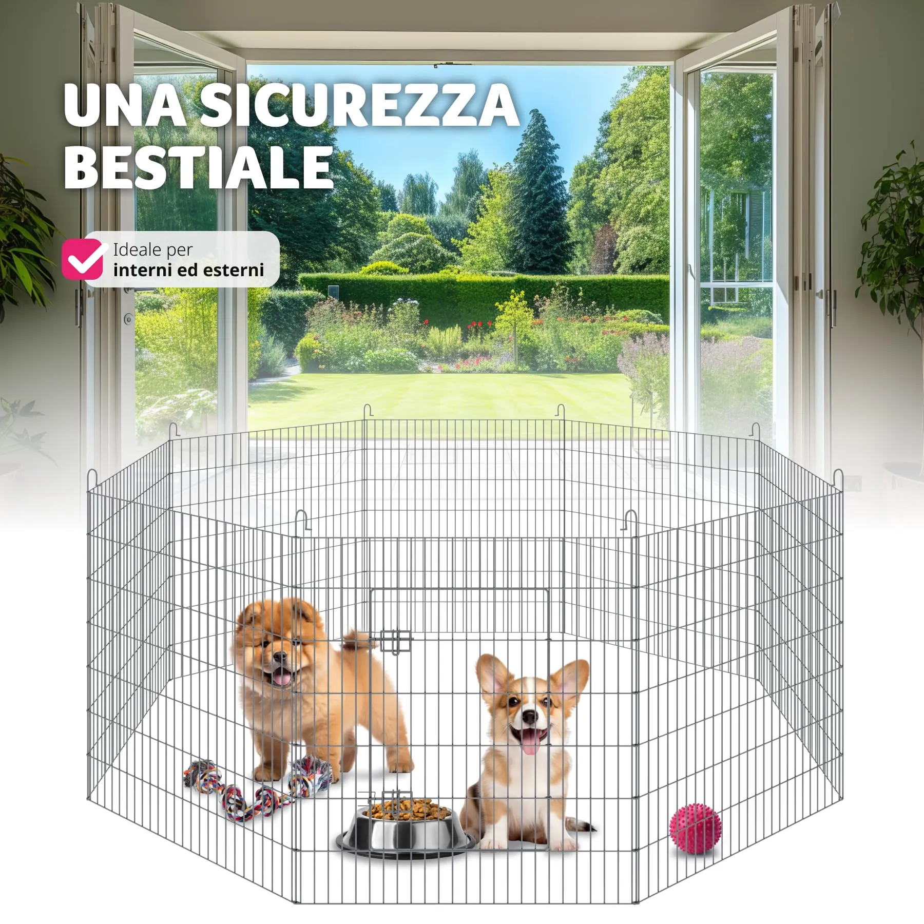 tectake® Box Animali Domestici con Rete di Sicurezza, Recinto per Piccoli Animali in Acciaio con Sistema ad Incastro, Box Doppia Chiusura, Recinto da Interno e Esterno - Ø 204 cm, Grigio - immagine 8