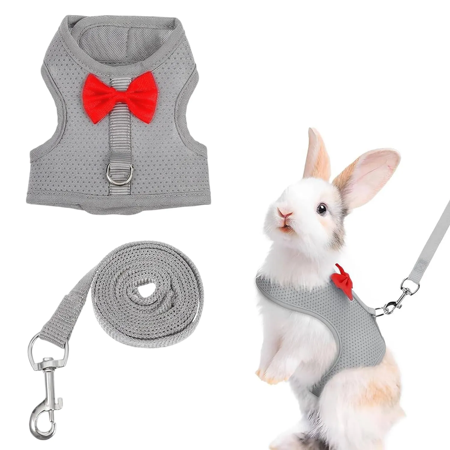 Pettorina Coniglio Nano con Guinzaglio Regolabile, Set Imbracatura per Piccoli Animali e Gattini, Accessori Coniglio per Passeggiate Sicure, Design Traspirante e Morbido, Taglia L, Grigio Scuro - immagine 1