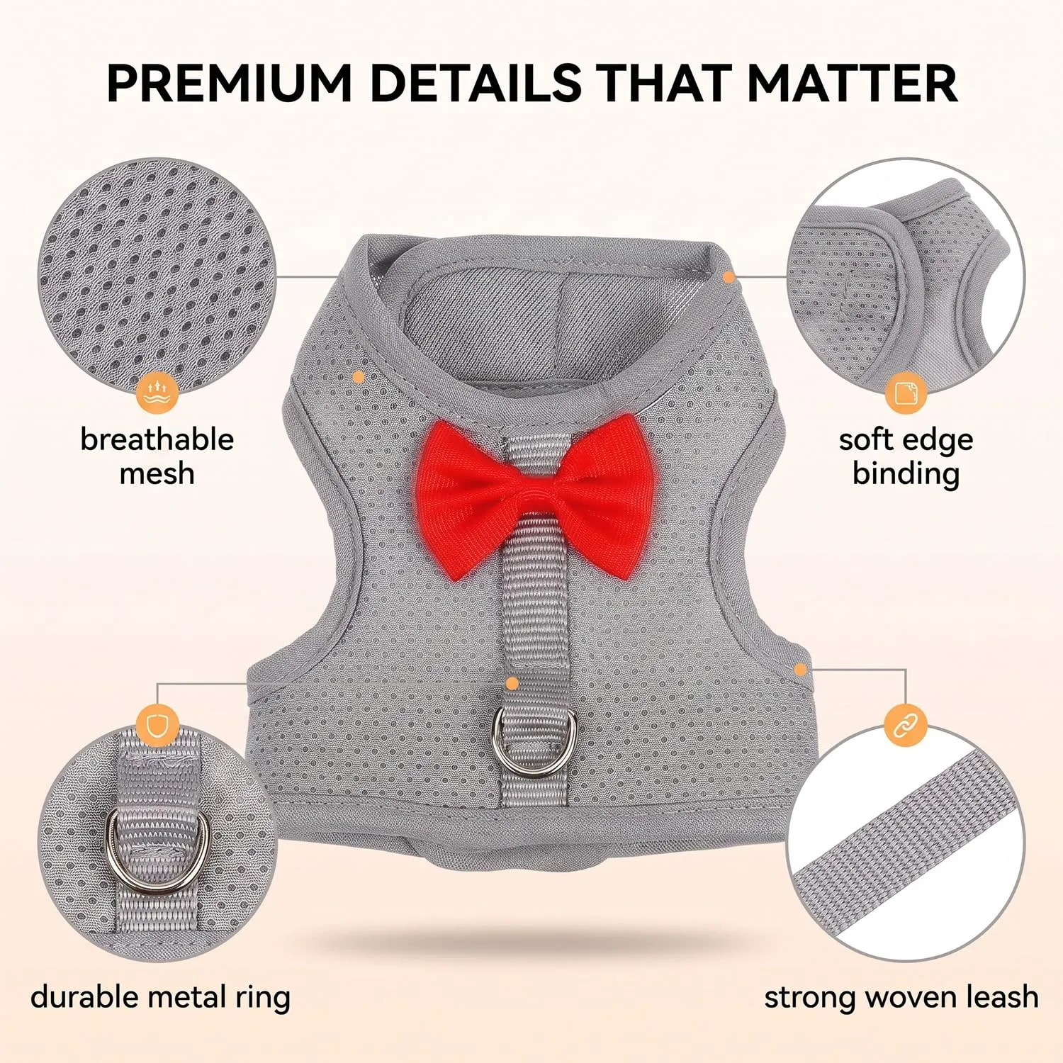Pettorina Coniglio Nano con Guinzaglio Regolabile, Set Imbracatura per Piccoli Animali e Gattini, Accessori Coniglio per Passeggiate Sicure, Design Traspirante e Morbido, Taglia L, Grigio Scuro - immagine 3