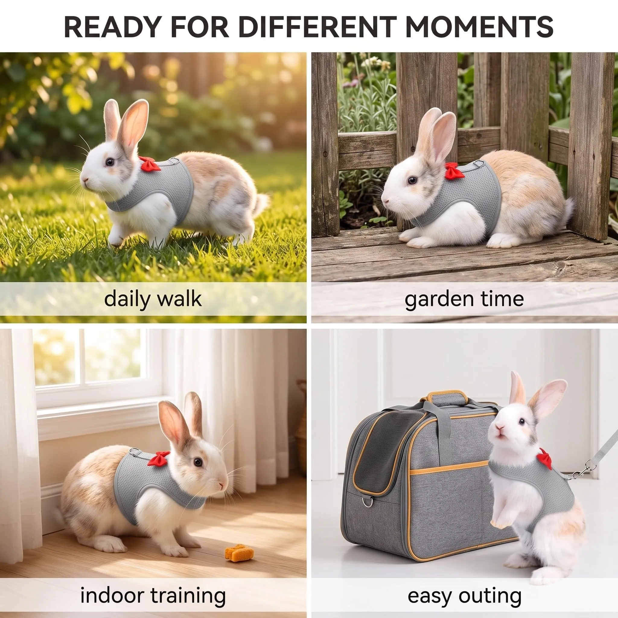 Pettorina Coniglio Nano con Guinzaglio Regolabile, Set Imbracatura per Piccoli Animali e Gattini, Accessori Coniglio per Passeggiate Sicure, Design Traspirante e Morbido, Taglia L, Grigio Scuro - immagine 4