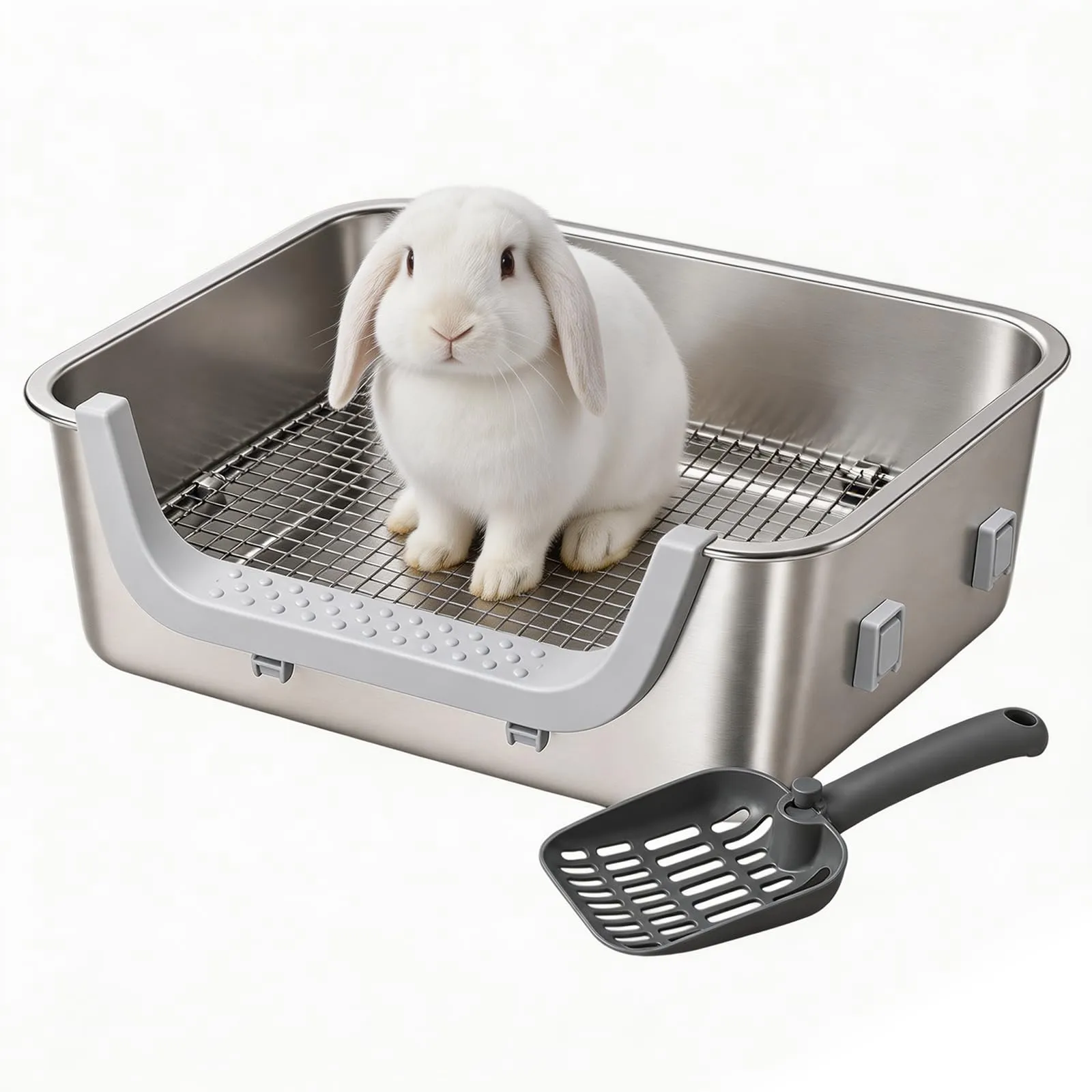 WC per conigli in acciaio inox con griglia protettiva, 40 x 30 x 15 cm - immagine 1