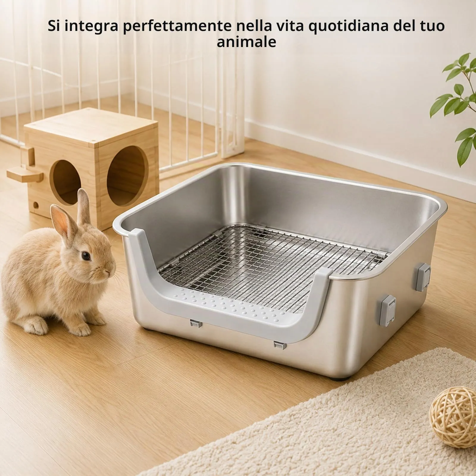 WC per conigli in acciaio inox con griglia protettiva, 40 x 30 x 15 cm - immagine 2