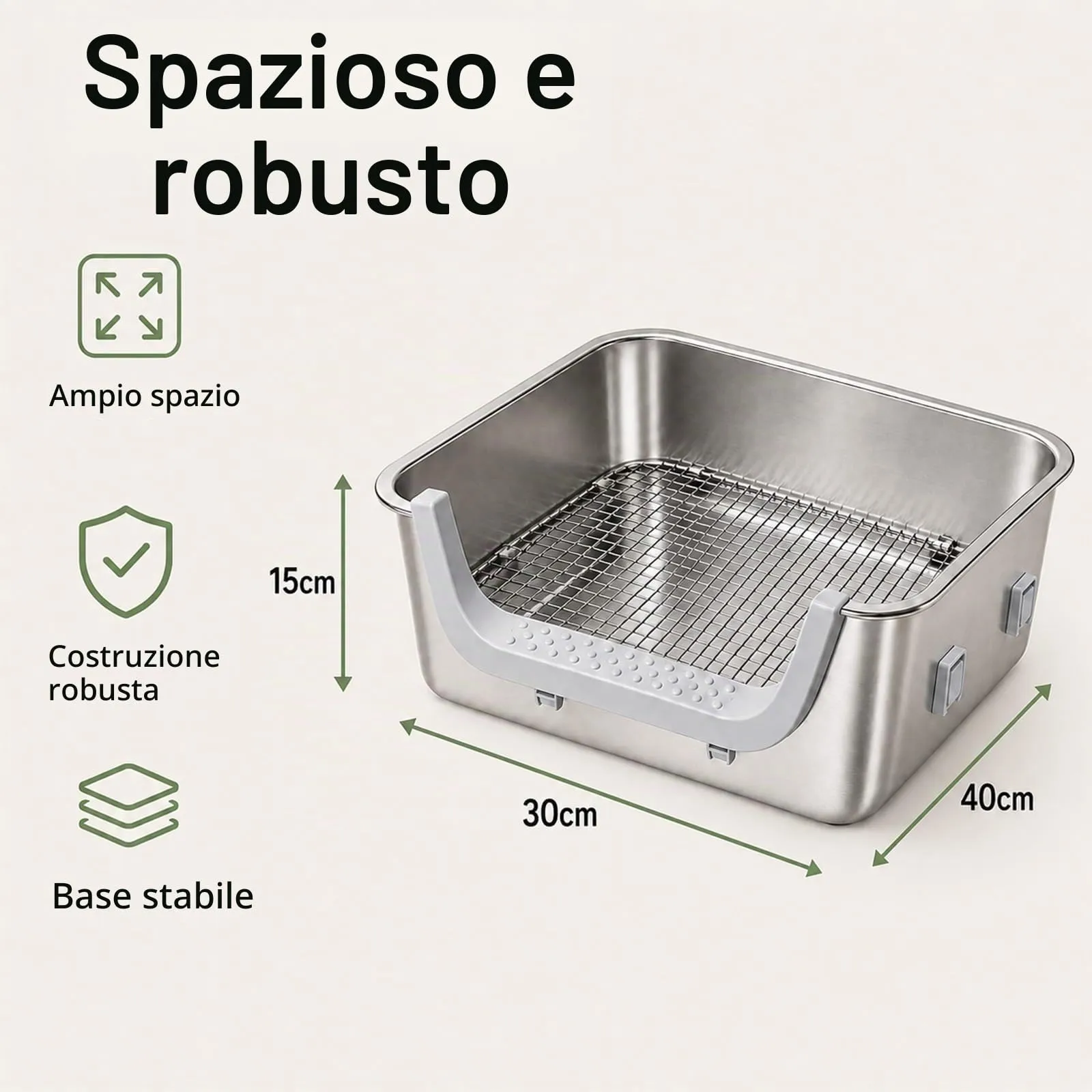 WC per conigli in acciaio inox con griglia protettiva, 40 x 30 x 15 cm - immagine 4