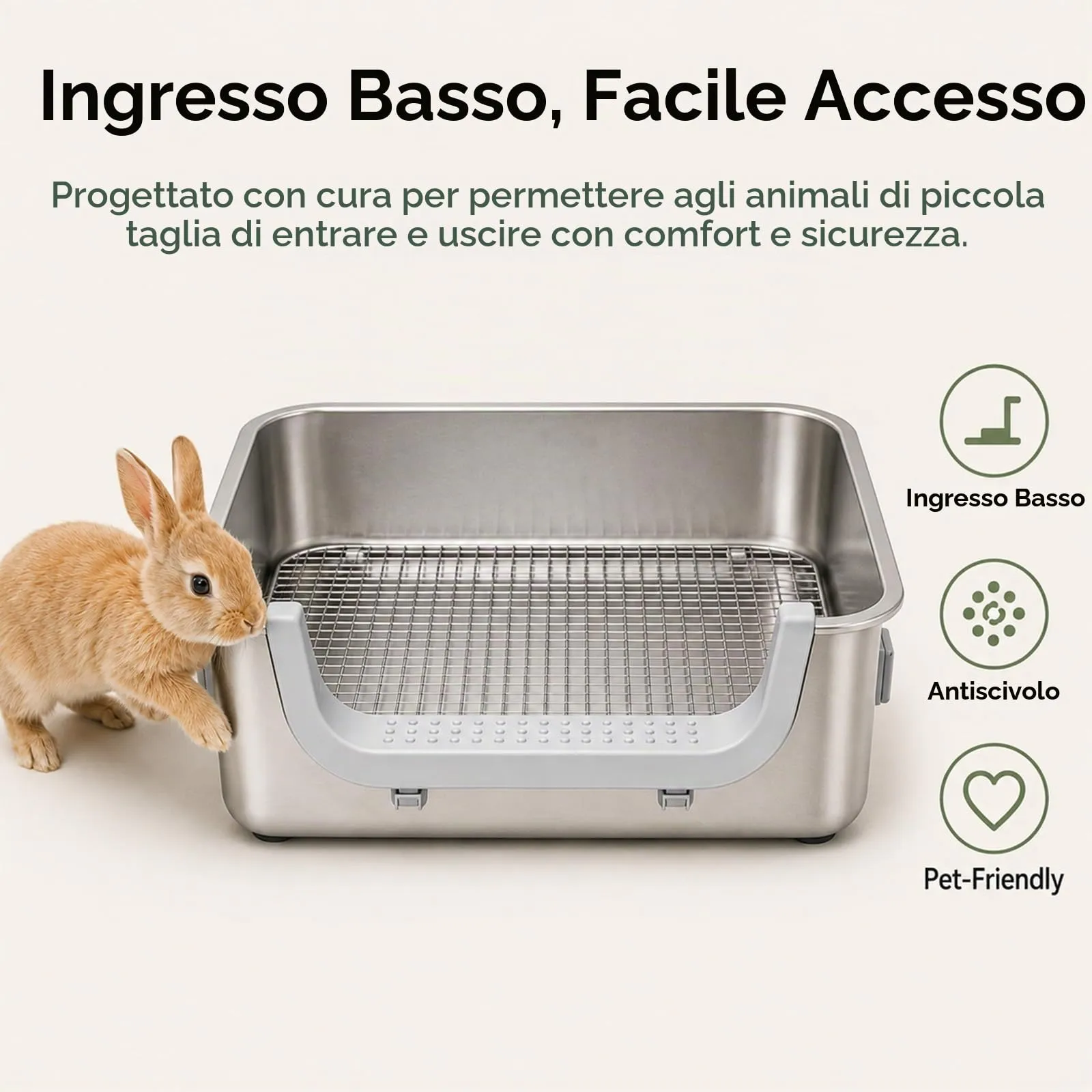 WC per conigli in acciaio inox con griglia protettiva, 40 x 30 x 15 cm - immagine 6