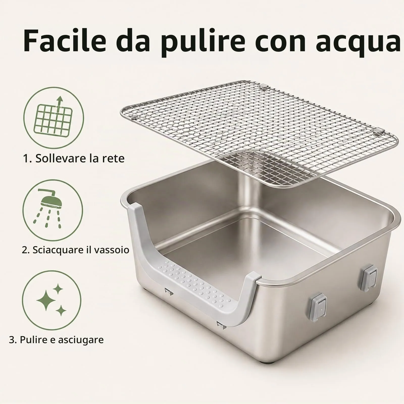WC per conigli in acciaio inox con griglia protettiva, 40 x 30 x 15 cm - immagine 7