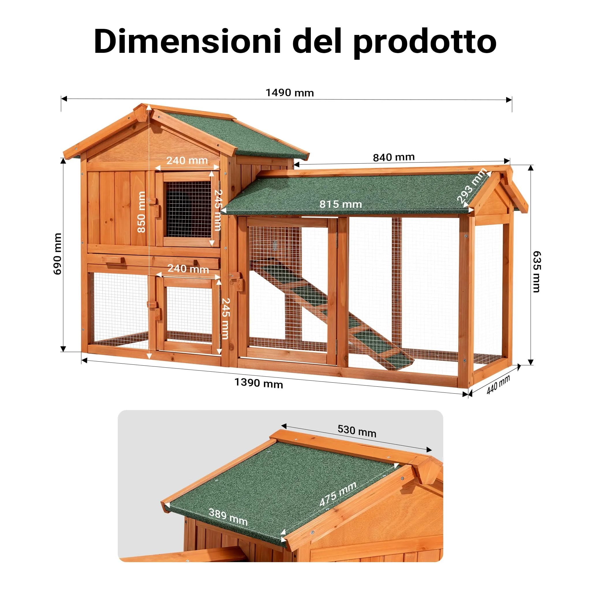Pollaio e Conigliera in legno con spazio esterno recintato, legno di abete - immagine 3