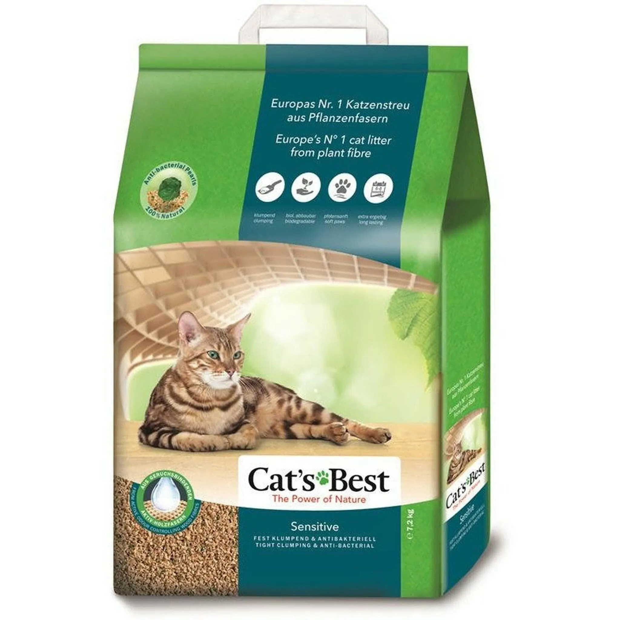 Cat's Best Lettiera per gatti sensibile, 100% vegetale, resistente e antibatterica, realizzata con fibre di legno attive raffinate, appositamente progettata per gatti sensibili, 7,2 kg/20 l - immagine 1