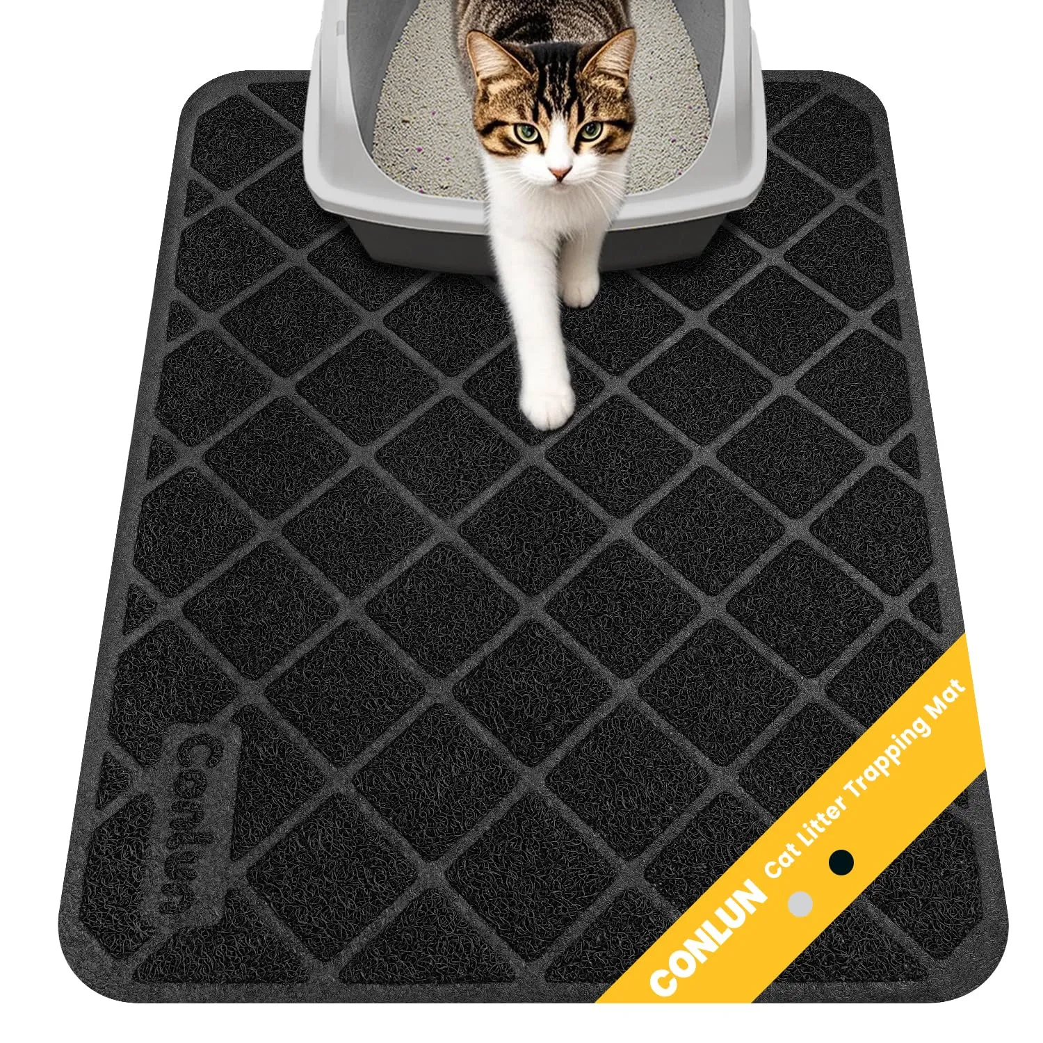 Conlun Tappetino Lettiera Gatto, 61 x 43 cm Tappeto Lettiera Gatto, Maglia a Griglia con Design a Controllo della Dispersione, Materiale Impermeabile Antiscivolo, Facile da Pulire Lavabile, Nero - immagine 1