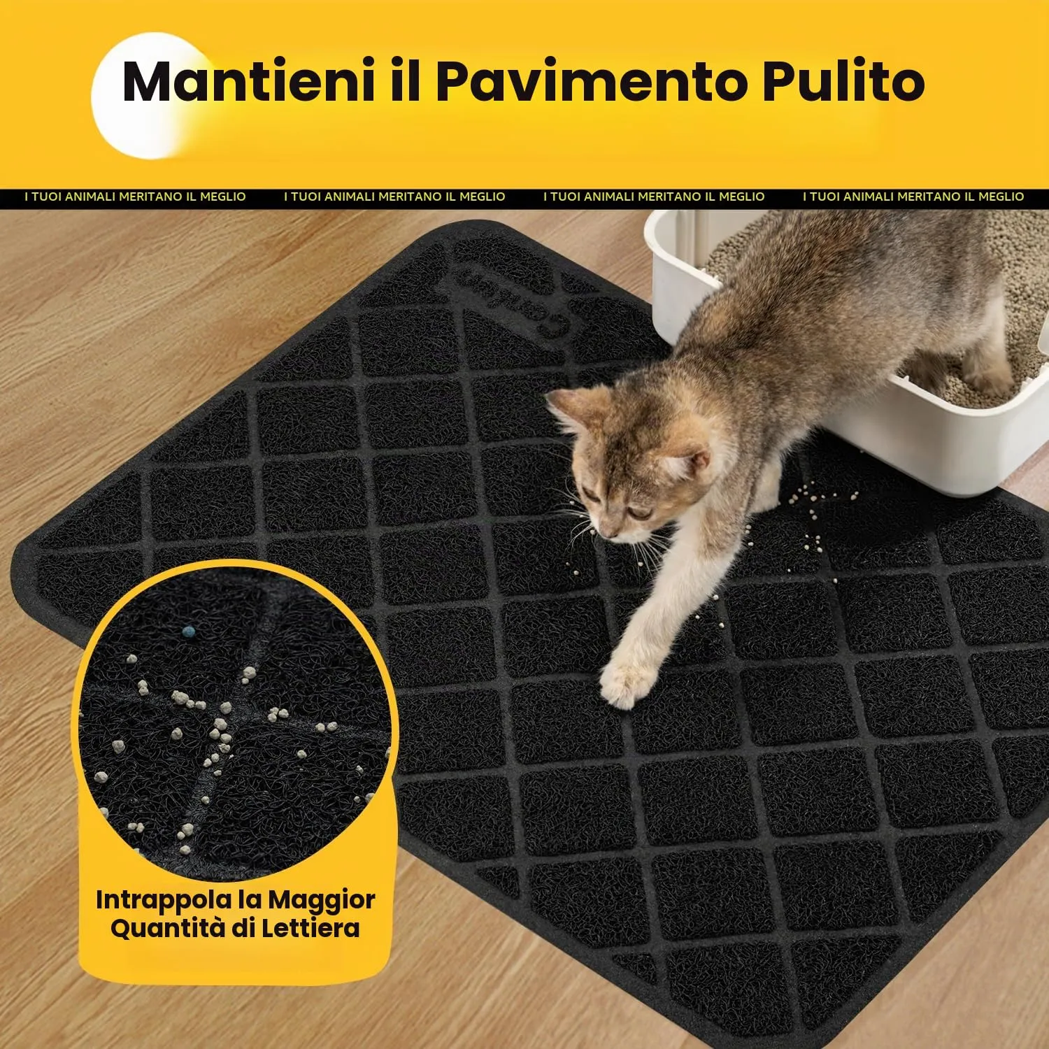 Conlun Tappetino Lettiera Gatto, 61 x 43 cm Tappeto Lettiera Gatto, Maglia a Griglia con Design a Controllo della Dispersione, Materiale Impermeabile Antiscivolo, Facile da Pulire Lavabile, Nero - immagine 3