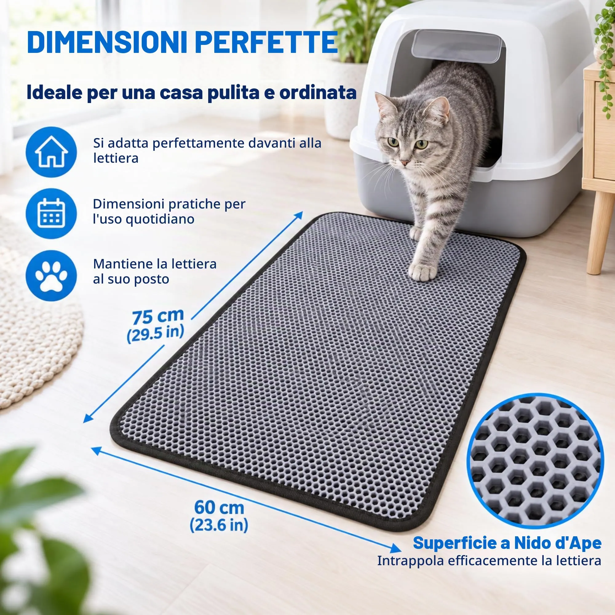 Blue Eyes Tappetino per lettiera per gatti, 60 x 75 cm, design a nido d'ape, impermeabile, doppio strato, design a nido d'ape (grigio-6075) - immagine 2
