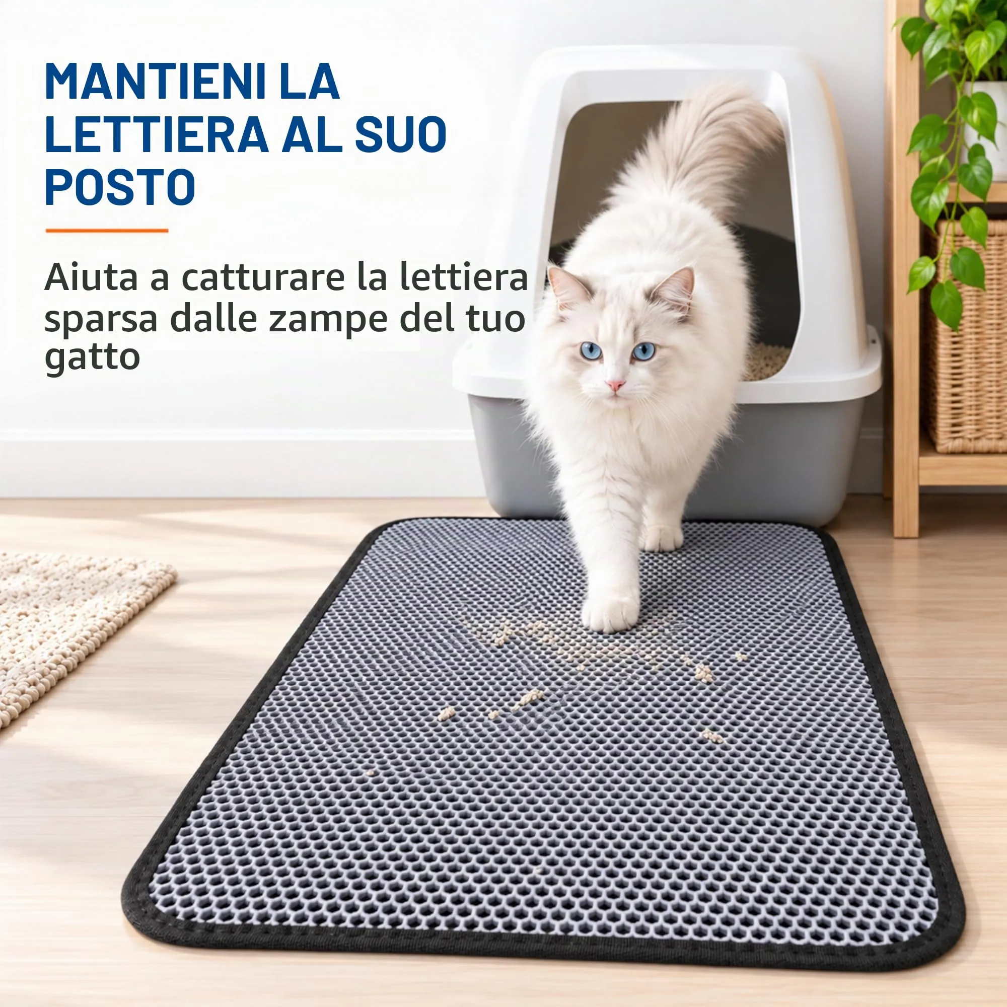 Blue Eyes Tappetino per lettiera per gatti, 60 x 75 cm, design a nido d'ape, impermeabile, doppio strato, design a nido d'ape (grigio-6075) - immagine 4