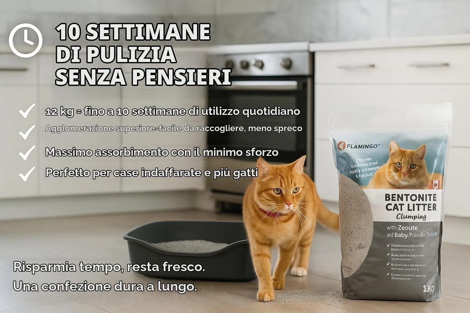 Flamingo Lettiera per gatti - lettiera agglomerante - Profumo di talco - 12L (12KG) per 10 settimane - Origine Canada - Zeolite blu - Ideale per 1 o più gatti - immagine 6
