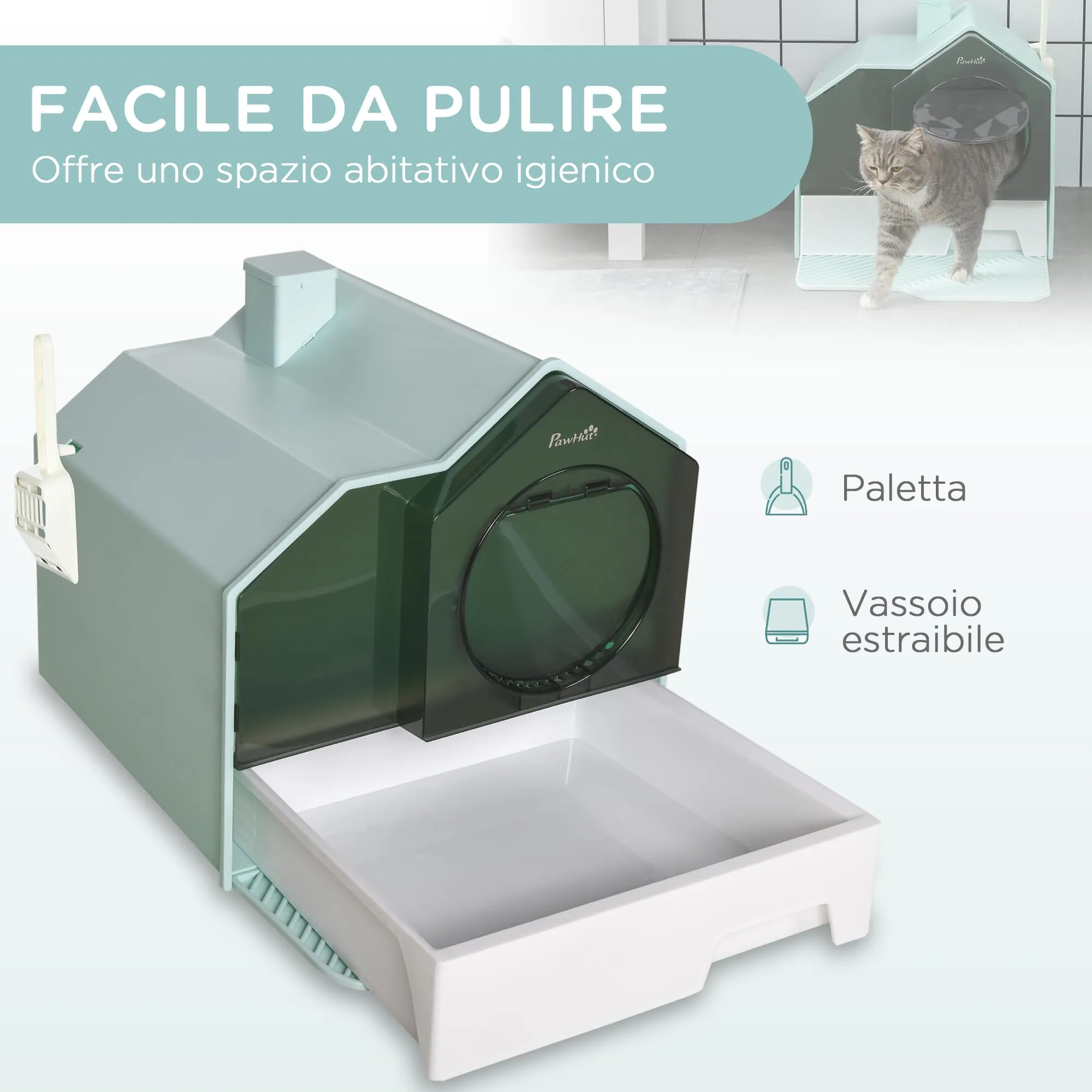PawHut Lettiera per Gatti Chiusa Vassoio Estraibile 47x45x42cm Azzurra - immagine 5