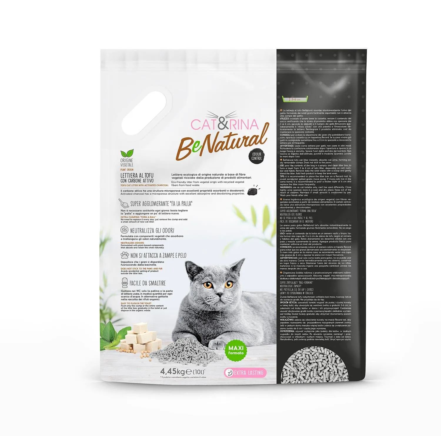 Cat&Rina BeNatural, lettiera per gatti al tofu da 10 l Agglomerante e Vegetale. Fino a 60 giorni di utilizzo. Si smaltisce nell'organico o nel wc. Sabbia gatti anti odore Carboni Attivi - immagine 2