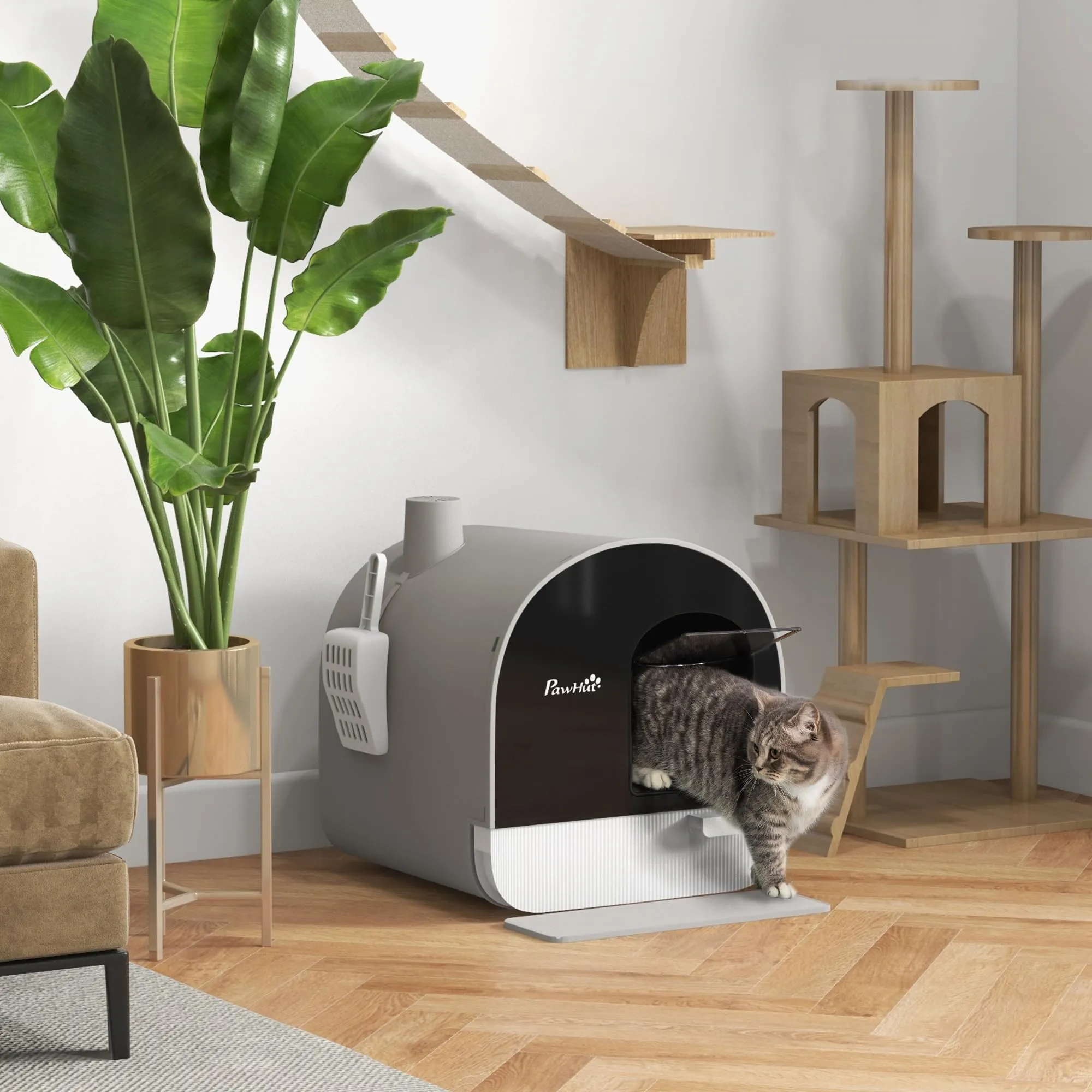 PawHut Lettiera per Gatti Chiusa, Vassoio Estraibile, Grigio Nero - immagine 2