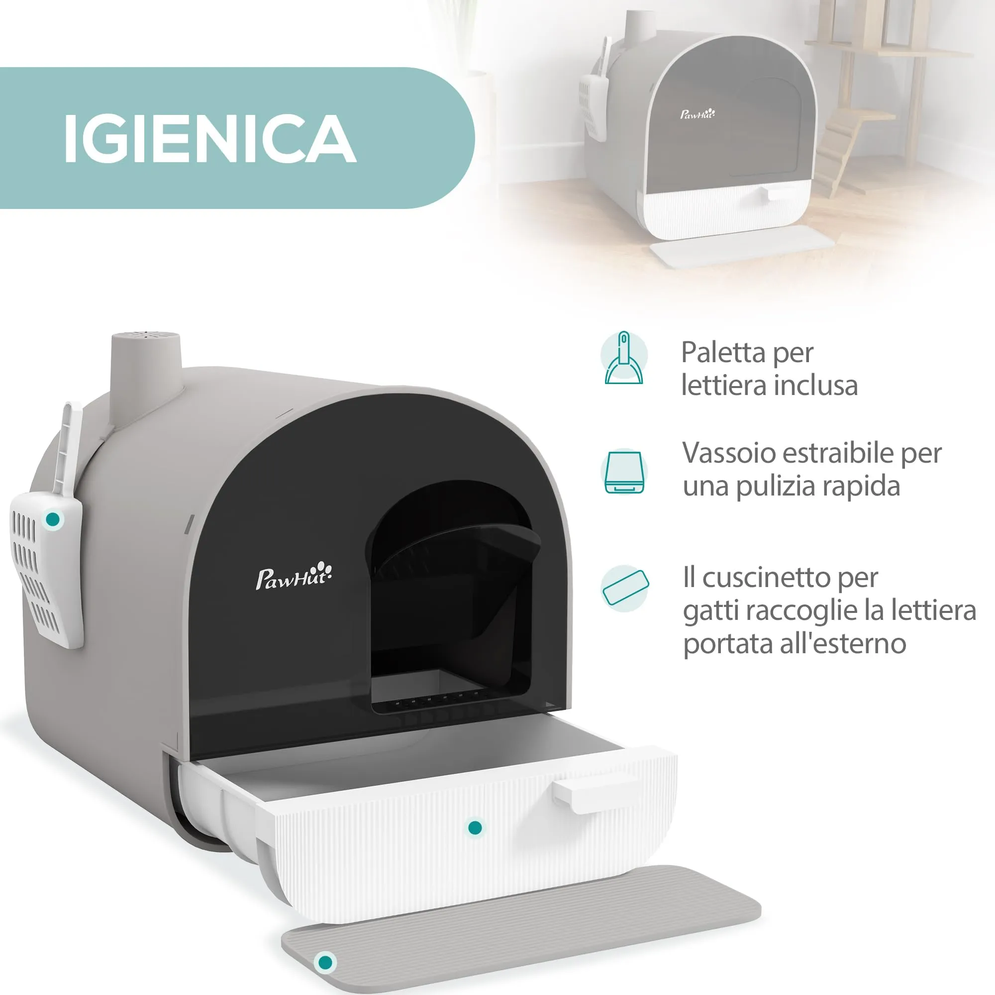 PawHut Lettiera per Gatti Chiusa, Vassoio Estraibile, Grigio Nero - immagine 4