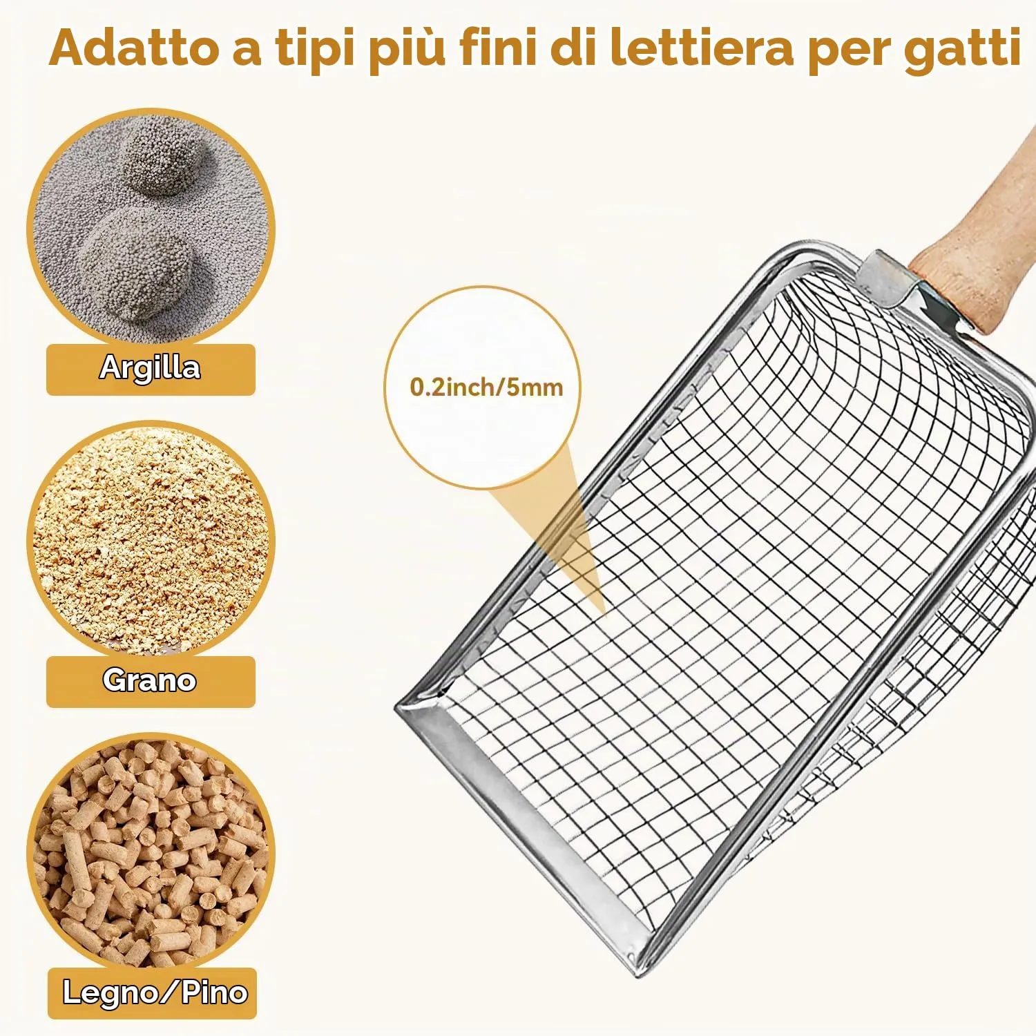Fhintory Paletta per Lettiera Gatto, Paletta Lettiera Gatto Metallo con Manico in Legno, Distanza dei Fori 5 mm, Paletta per Lettiera Gattoper Maggior Parte dei Ti pi Lettiera Gatti - immagine 3