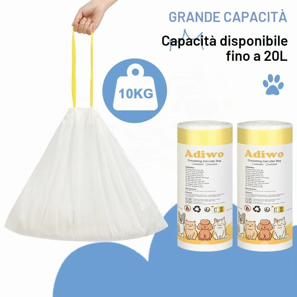 Adiwo Sacchetti Lettiera Gatto, 40 pezzi Sacchetti per Escrementi per Gatti con Coulisse Sacchi Resistenti ai Graffi 52x45cm con Maniglia per il Trasporto, Durevole, Resistente agli Strappi - immagine 4