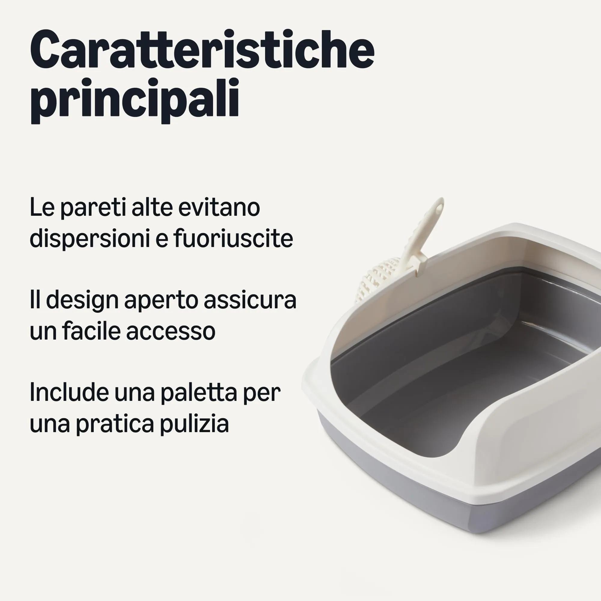 Amazon Basics - Lettiera per Gatti Alta e Aperta, Facile da Pulire, con Paletta, Bianco/Grigio, 50,5cm x 38,0cm x 20,0cm - immagine 2