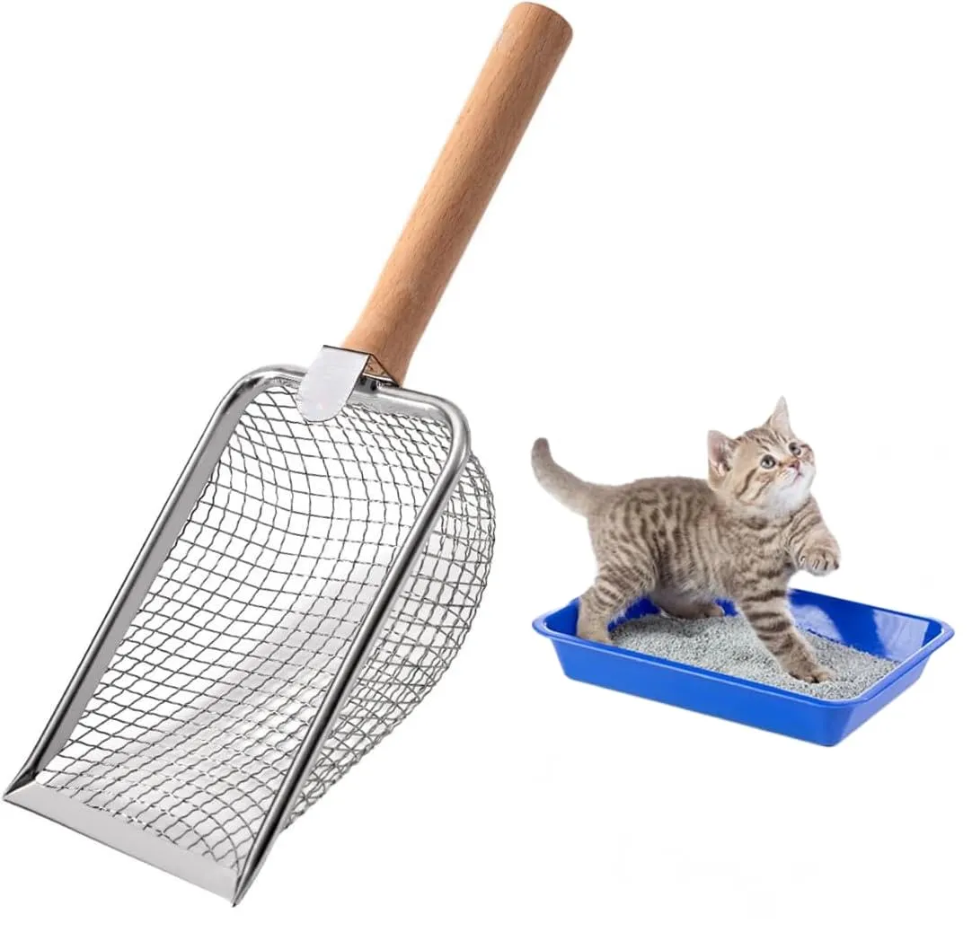 Nokwocy Paletta per lettiera per Gatti, Paletta per lettiera con Manico in Legno, Paletta per lettiera in Metallo a 4mm di porosità, Paletta per lettiera per Gatti (Wood) - immagine 1