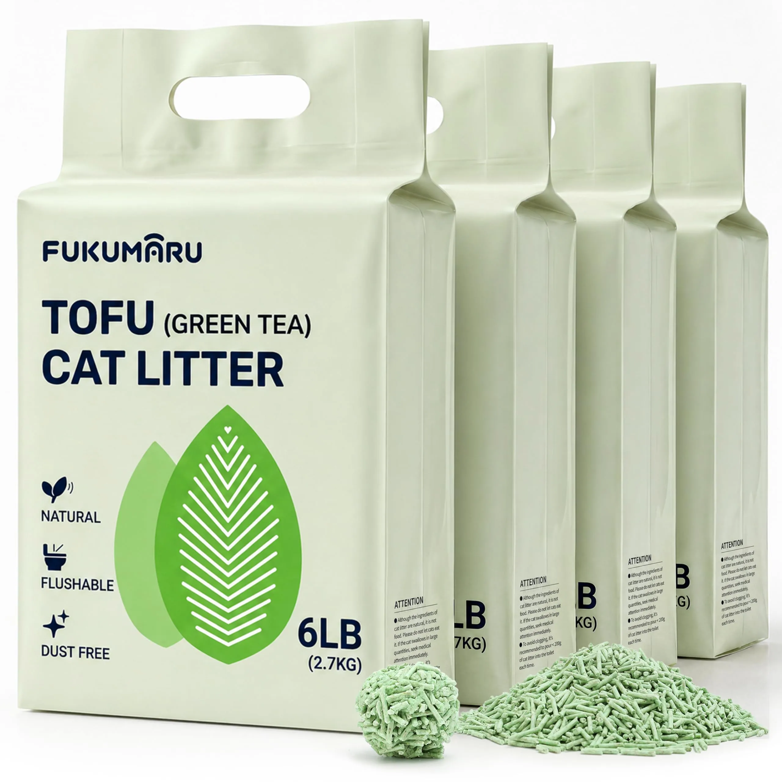 FUKUMARU Lettiera per Gatti al Tofu 10,8 kg - Lettiera Agglomerante per Gatti, Controllo degli Odori con Aroma di Tè Verde, Senza Polvere e Facile da Agglomerare, Smaltibile nel WC. - immagine 1