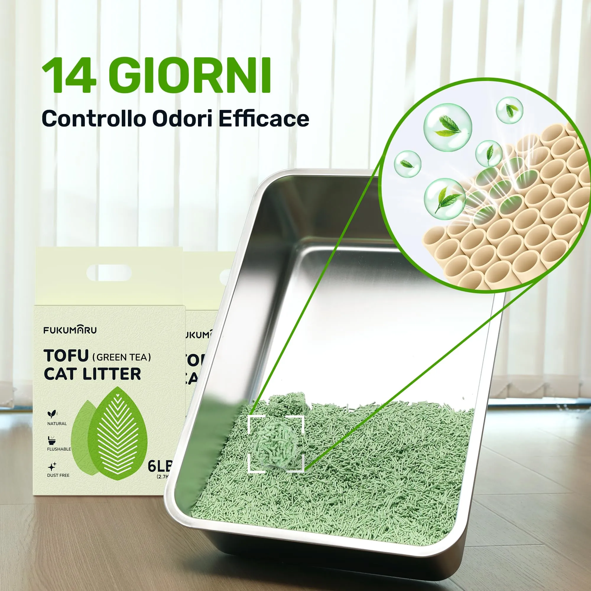 FUKUMARU Lettiera per Gatti al Tofu 10,8 kg - Lettiera Agglomerante per Gatti, Controllo degli Odori con Aroma di Tè Verde, Senza Polvere e Facile da Agglomerare, Smaltibile nel WC. - immagine 6