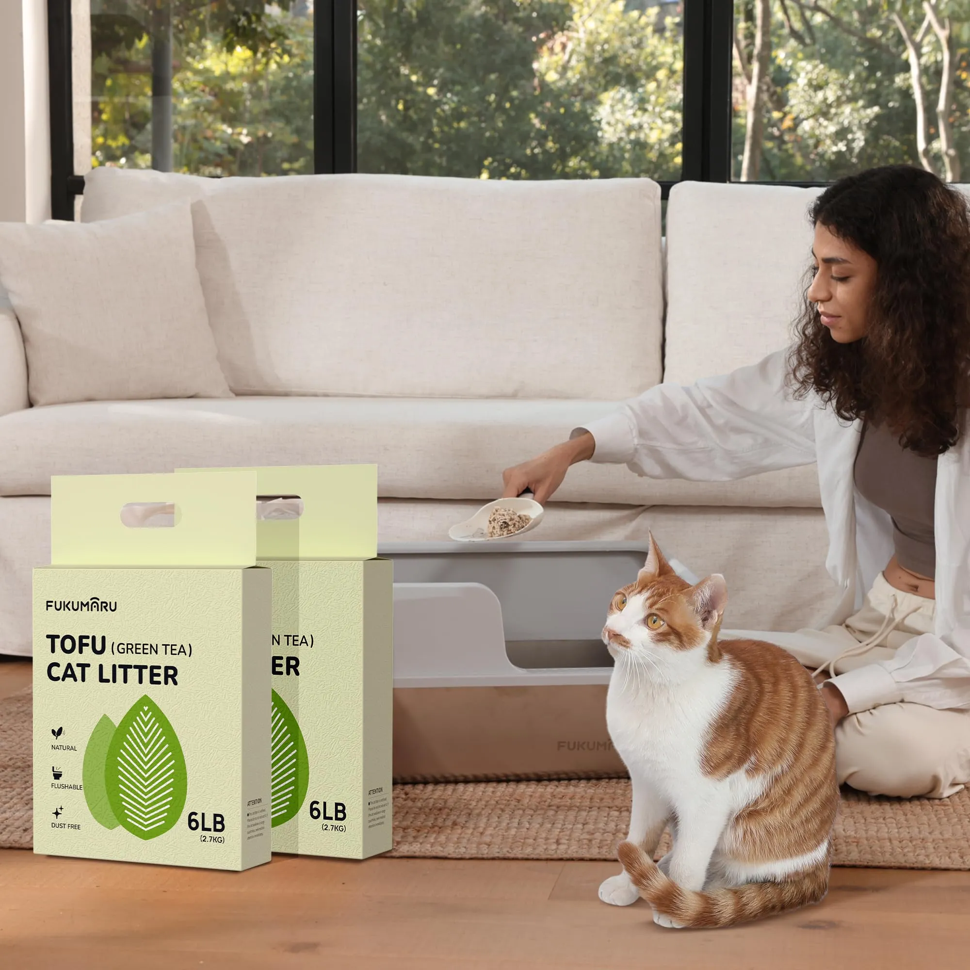 FUKUMARU Lettiera per Gatti al Tofu 10,8 kg - Lettiera Agglomerante per Gatti, Controllo degli Odori con Aroma di Tè Verde, Senza Polvere e Facile da Agglomerare, Smaltibile nel WC. - immagine 8