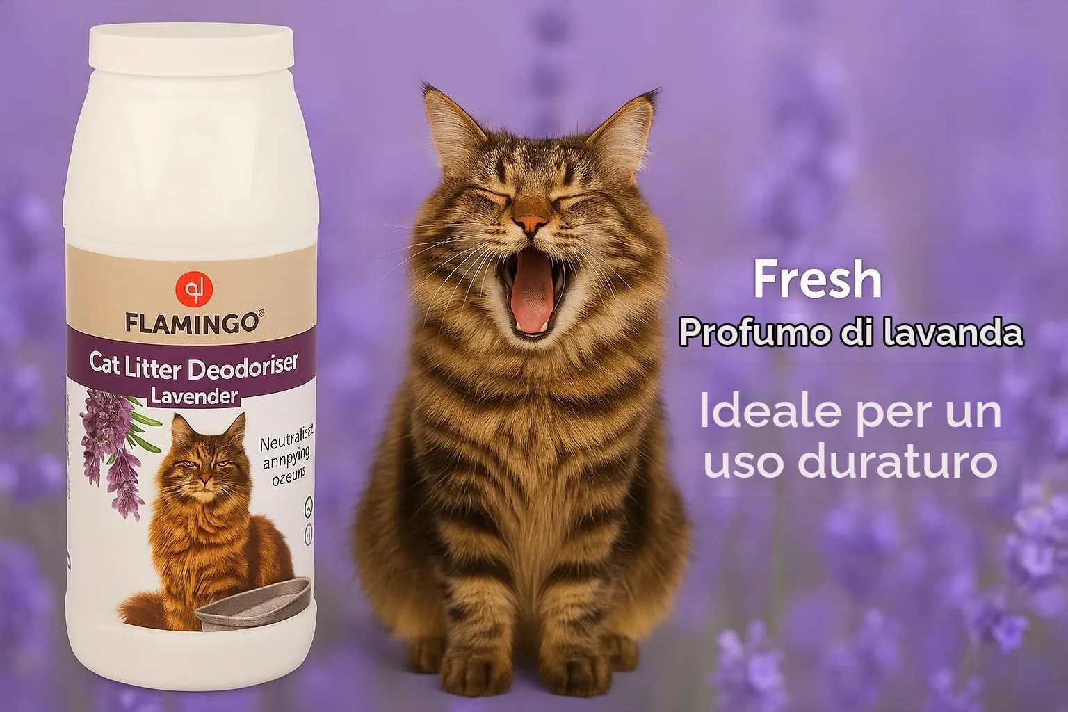 Flamingo Deodorante Lettiera Gatti – con Rilassante Profumo di Lavanda – 750g – elimina Gli odori sgradevoli – assicura Una lettiera igienica e piacevolmente profumata - immagine 2