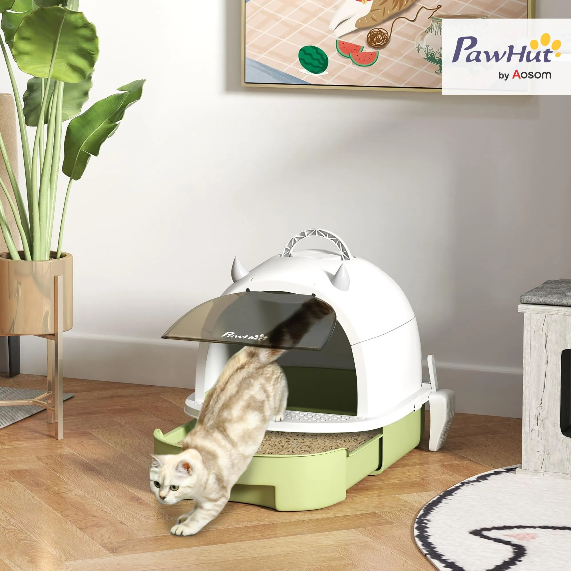 PawHut Lettiera per Gatti Chiusa con Vassoio Estraibile Maniglia Verde - immagine 2